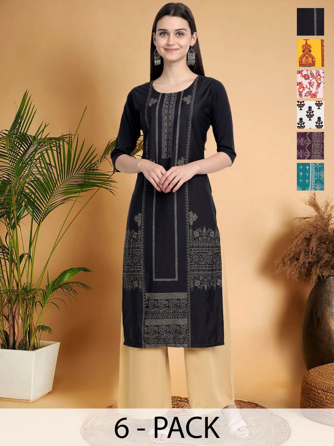 

7Threads Selection Of 6 Ethnic Motifs Printed Round Neck Straight Kurtas, Black