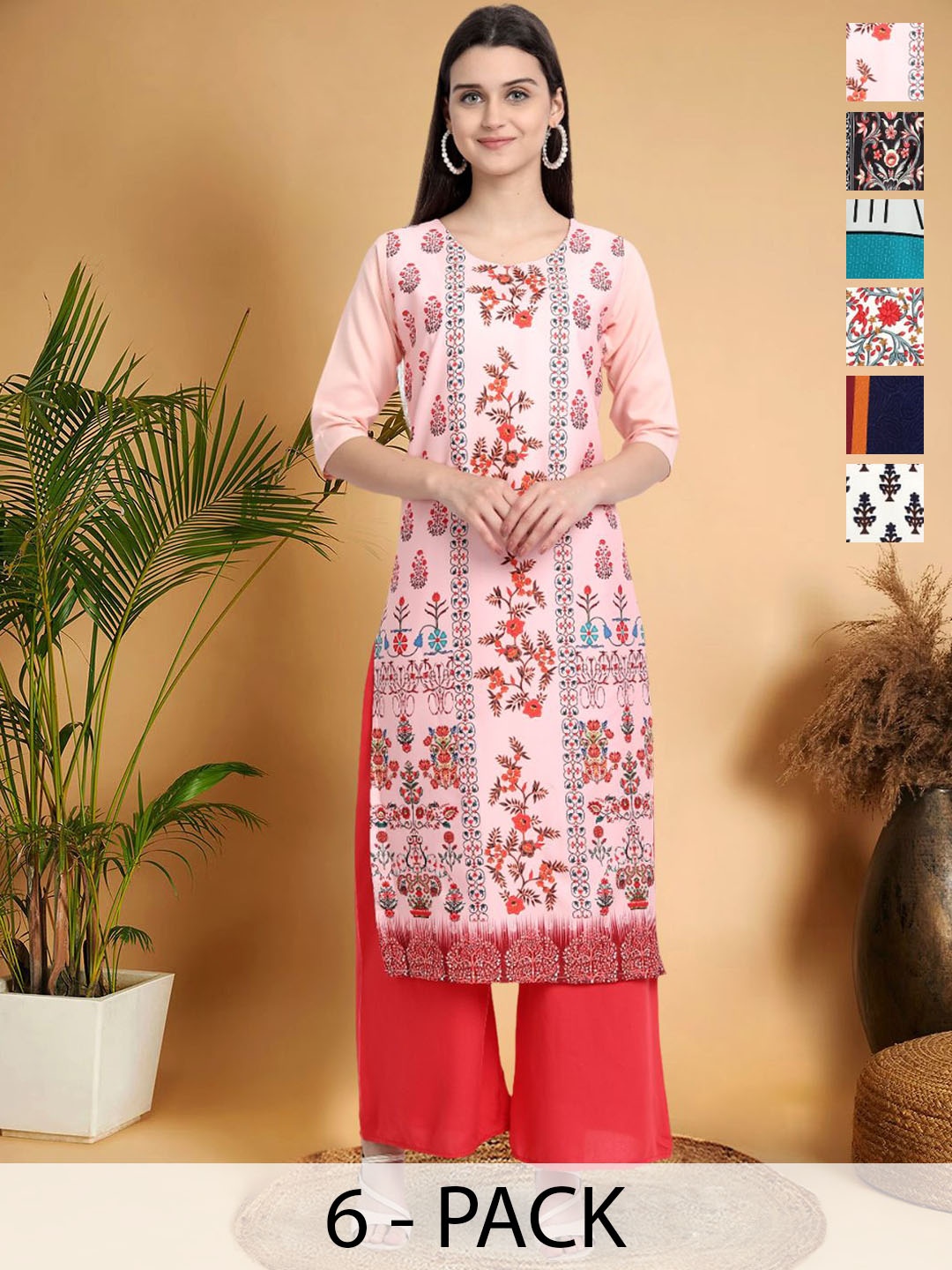 

7Threads Selection Of 6 Ethnic Motifs Printed Round Neck Straight Kurtas, Pink