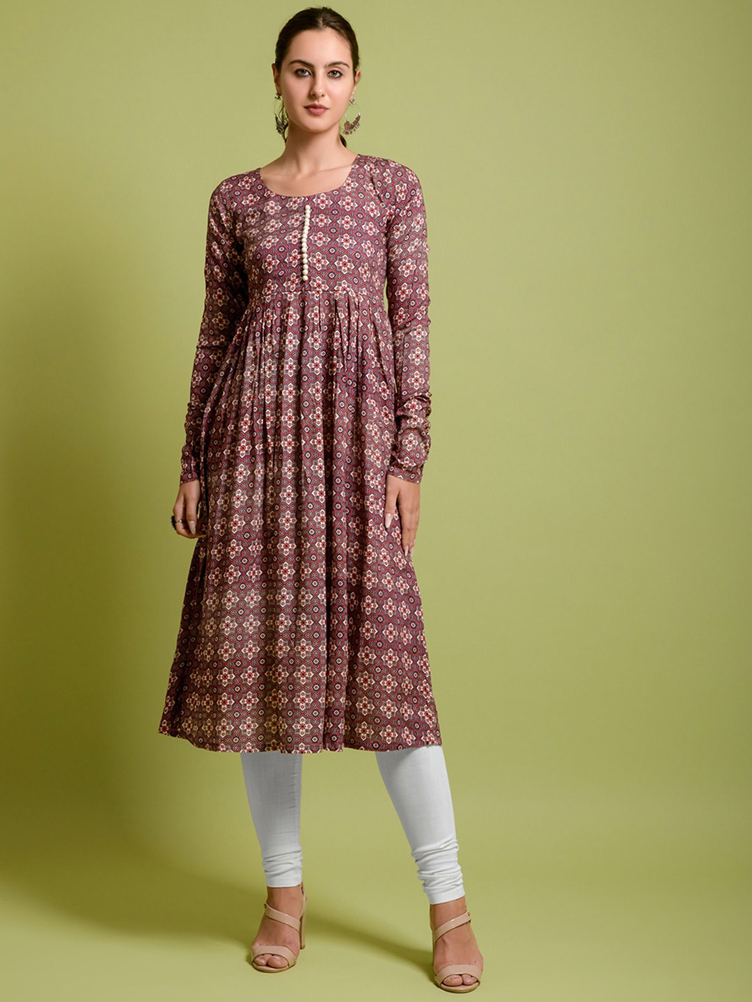

SAZRIKA Ethnic Motifs Printed Round Neck Anarkali Kurta, Brown