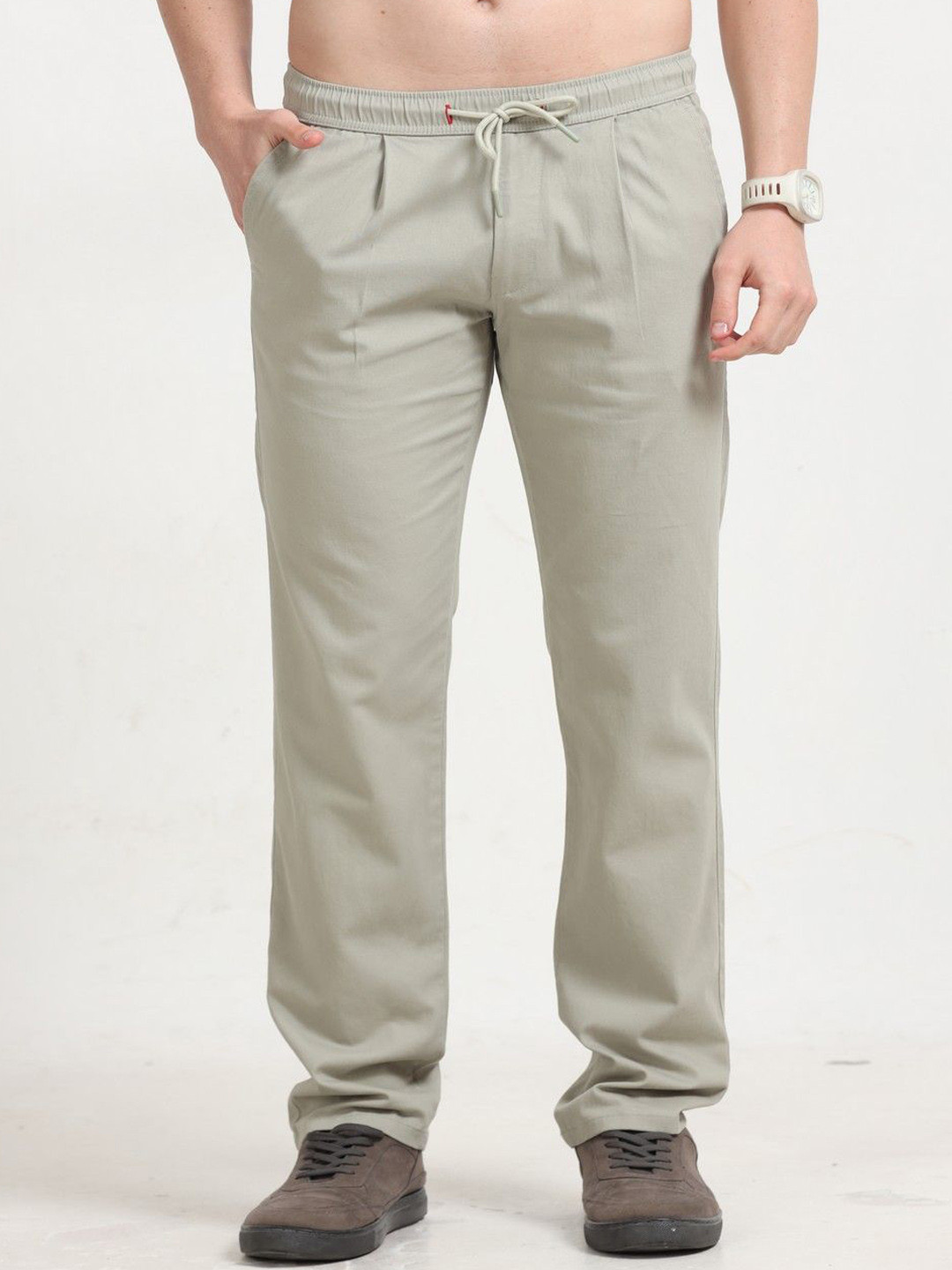 

NEVER NEUD Men Relaxed Straight Fit Lazy Linen Pleated Trousers, Steel