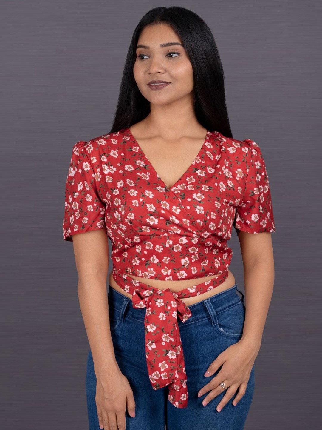 

La Aimee Women Floral Printed Wrap CropTop, Red
