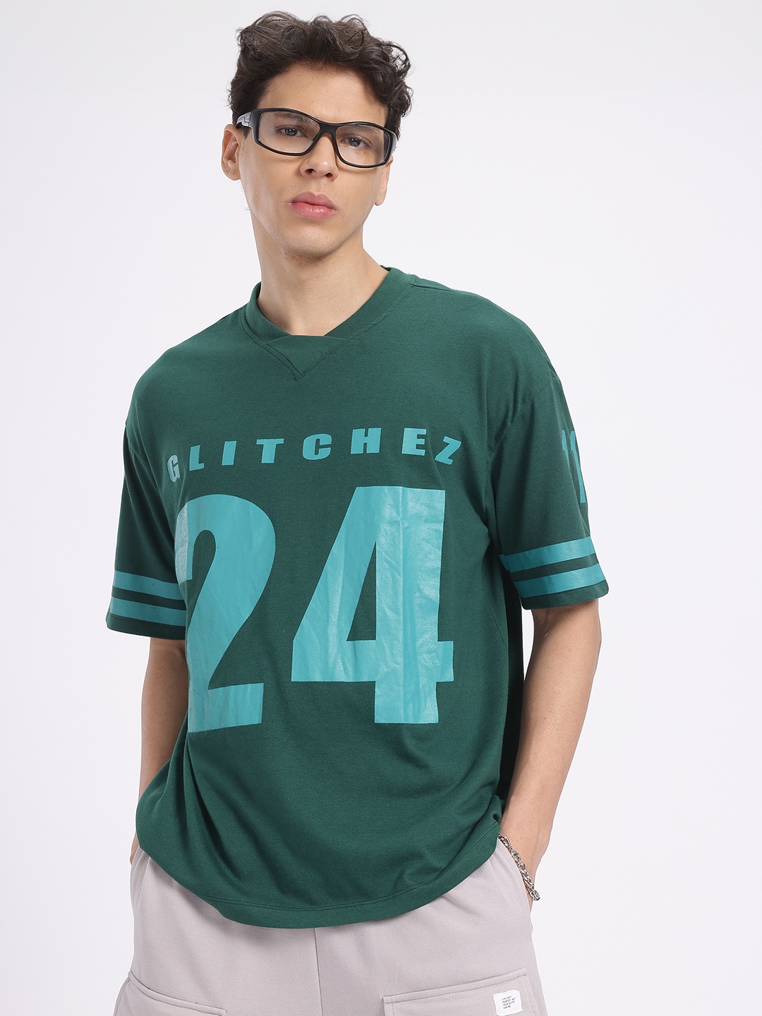 

glitchez Varsity Verve Printed Oversized T-shirt, Teal