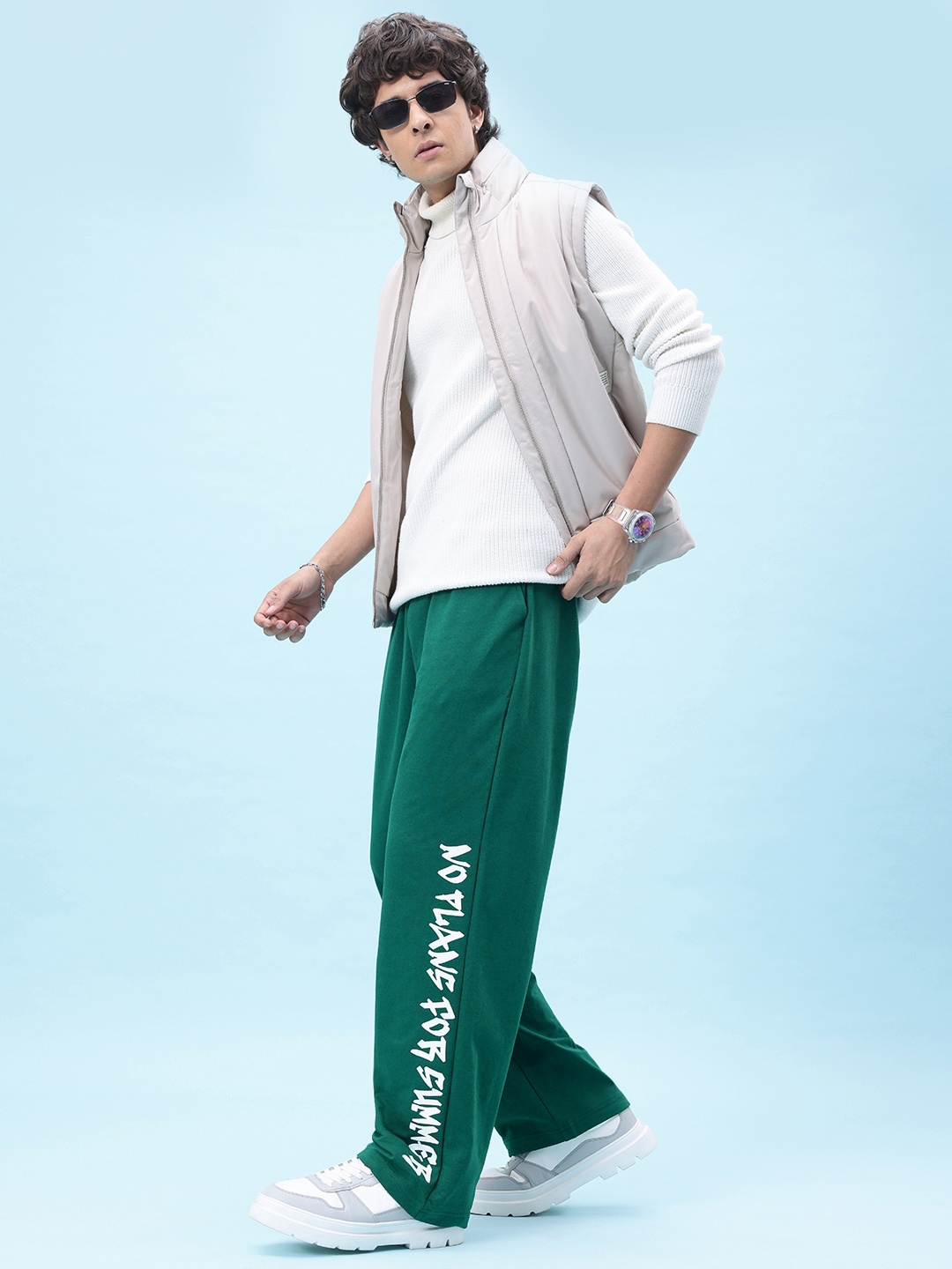 

glitchez Men Laidback Vibes Typography Print Relaxed Fit Track Pants, Green