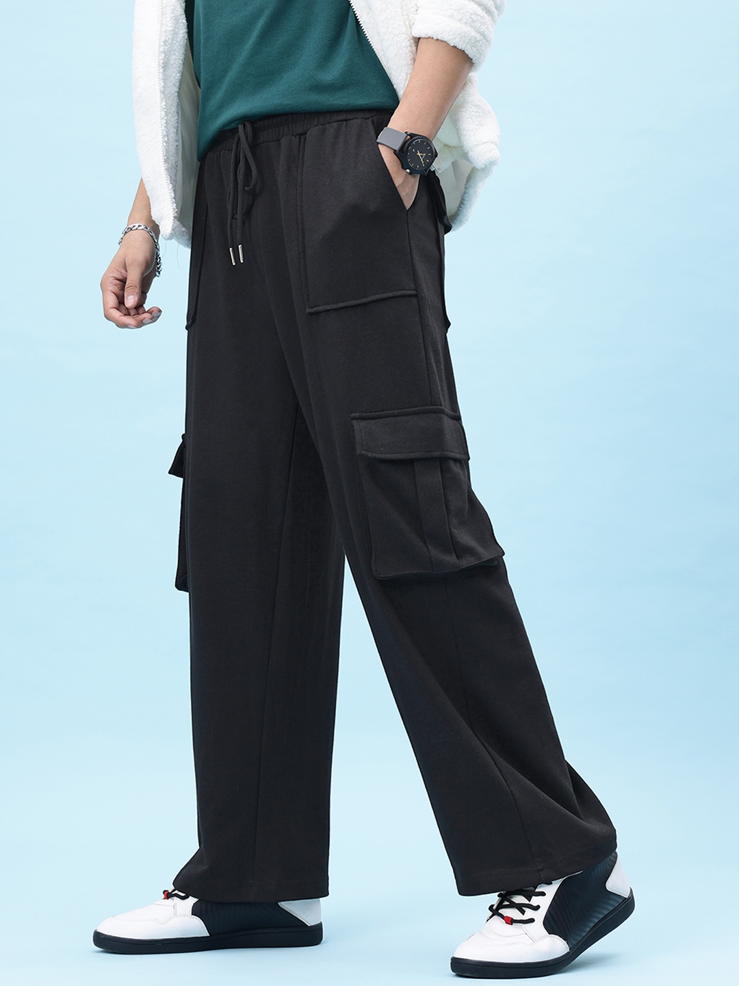 

glitchez Men Comfy Terry Oversize Cargo Track Pants, Black