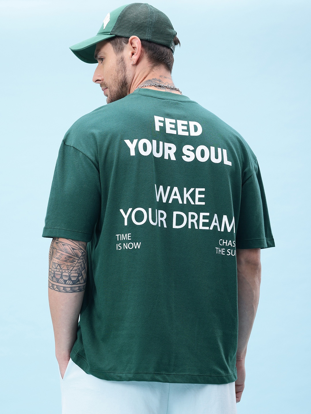 

glitchez Text Finesse Print Drop-Shoulder Sleeves Oversized T-shirt, Green