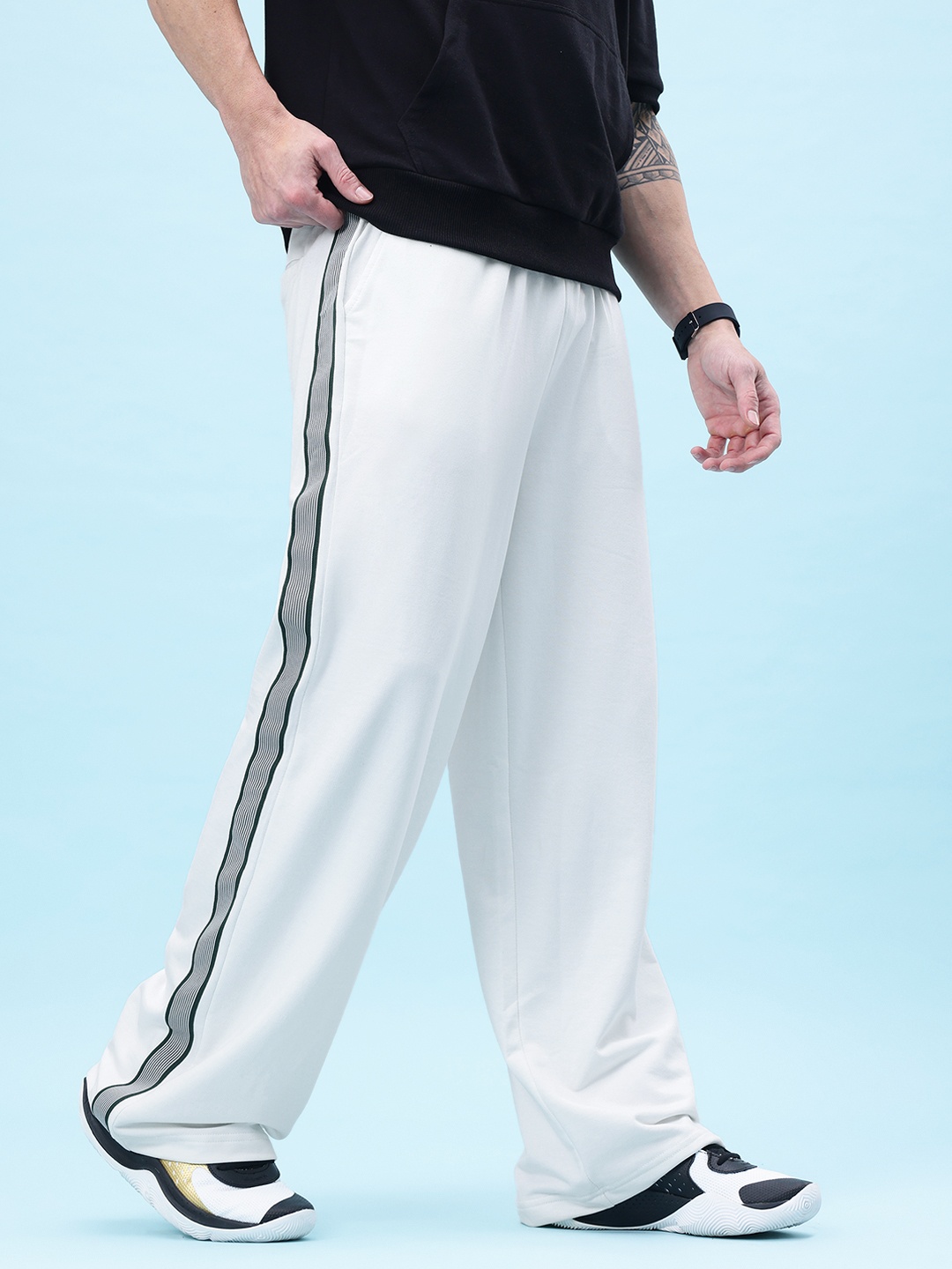 

glitchez Men Redefined Comfort Relaxed Fit Track Pants with Side Stripes, White