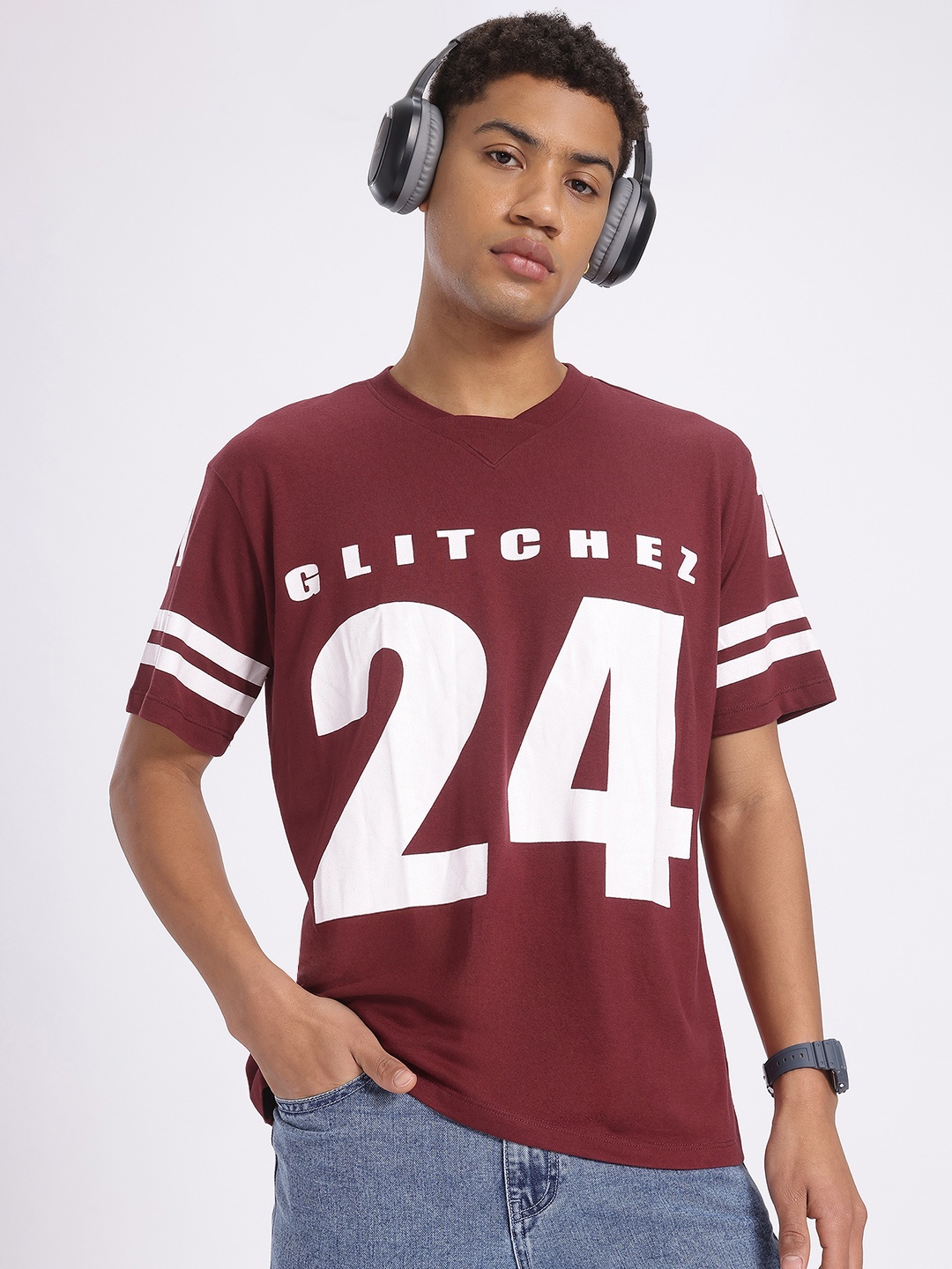 

glitchez Varsity Verve Printed Oversized T-shirt, Maroon