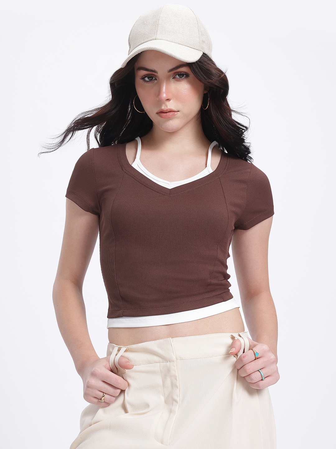 

glitchez Texture Play Ribbed Hug Top, Coffee brown