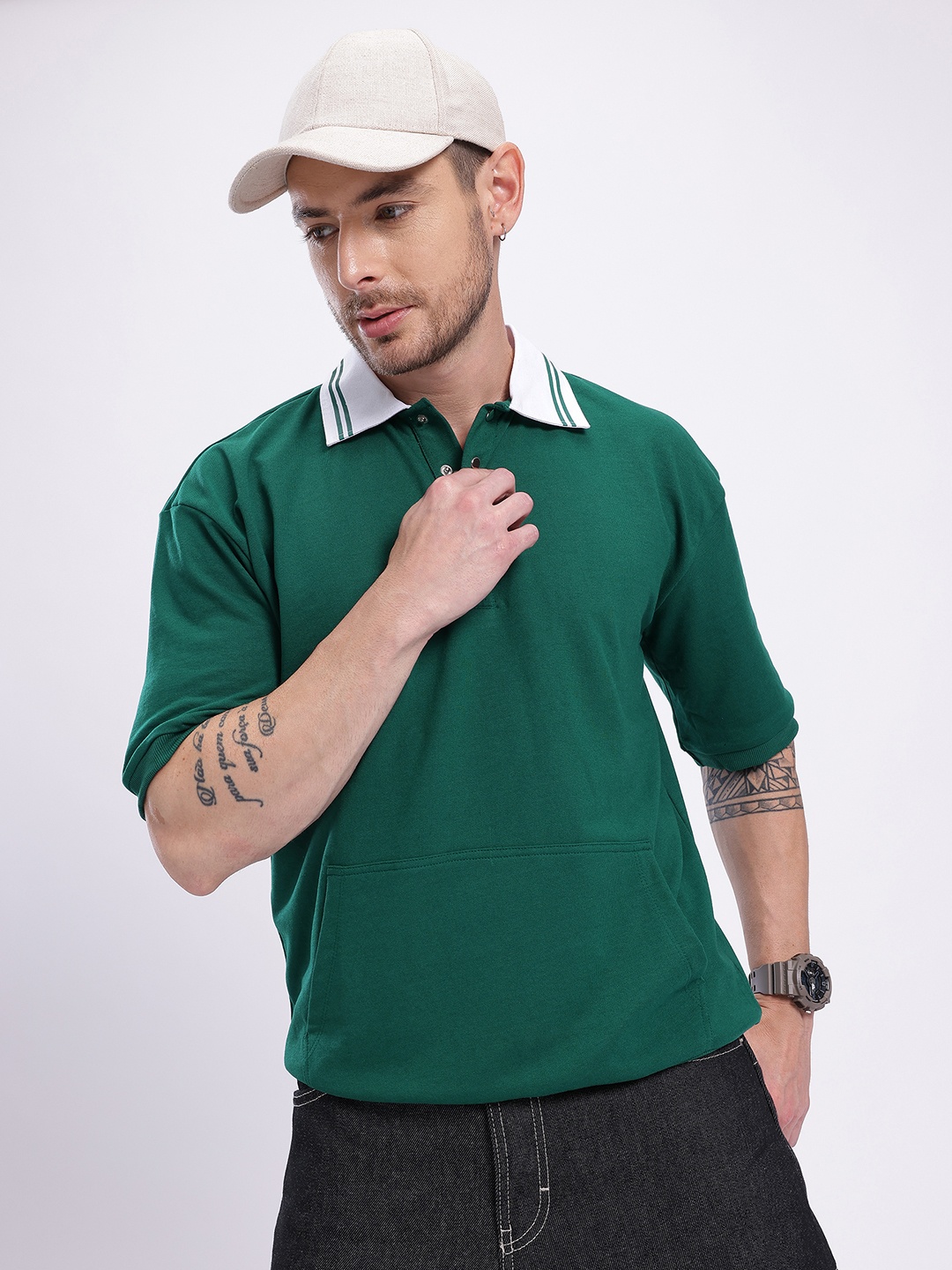 

glitchez Teal Edge Contrast Collar Short Sleeve Polo Sweatshirt