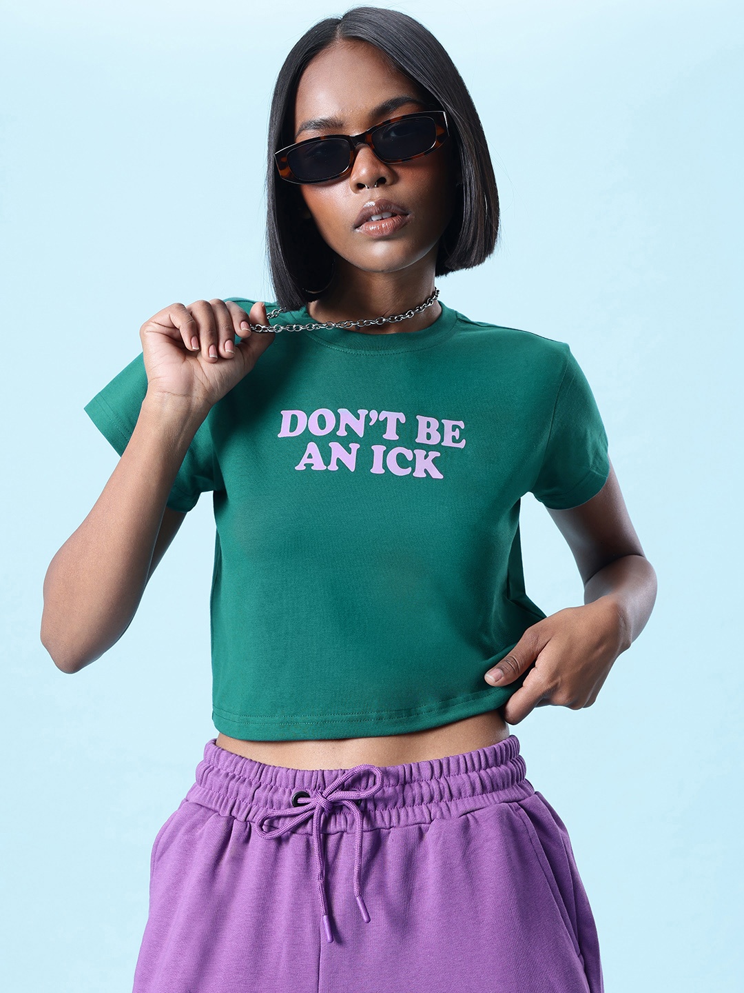 

glitchez Selfie Statement Printed Crop T-shirt, Teal