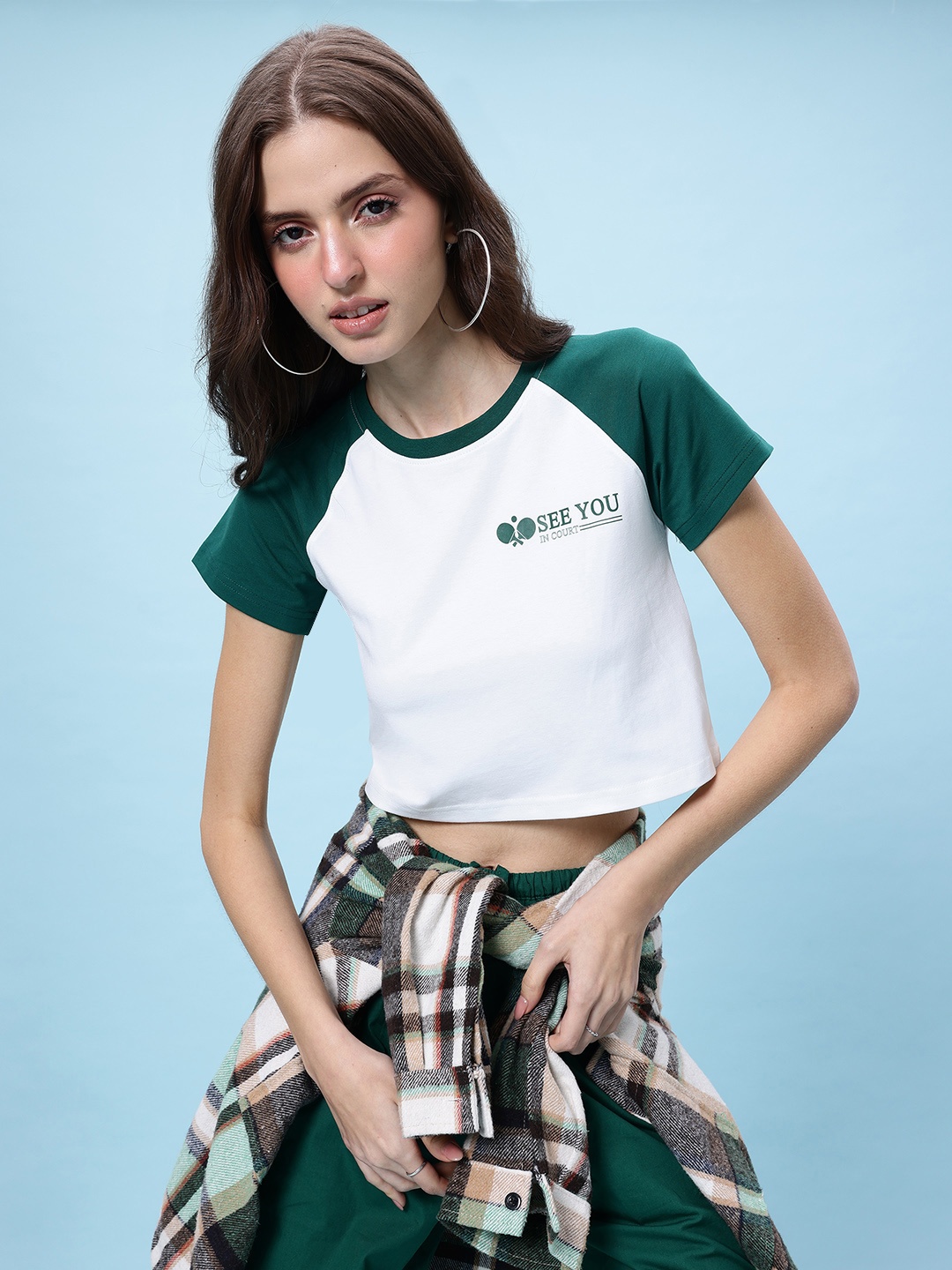 

glitchez Teal Magic Placement Print Contrasting Sleeves Regular Fit Crop T-shirt, White