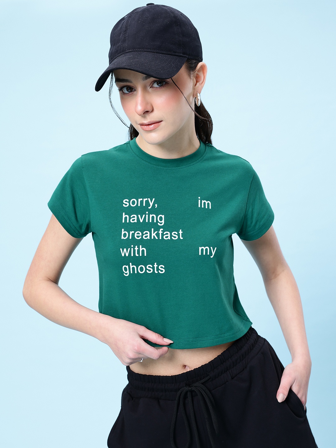 

glitchez Teal Tales Typo Print Crop T-shirt