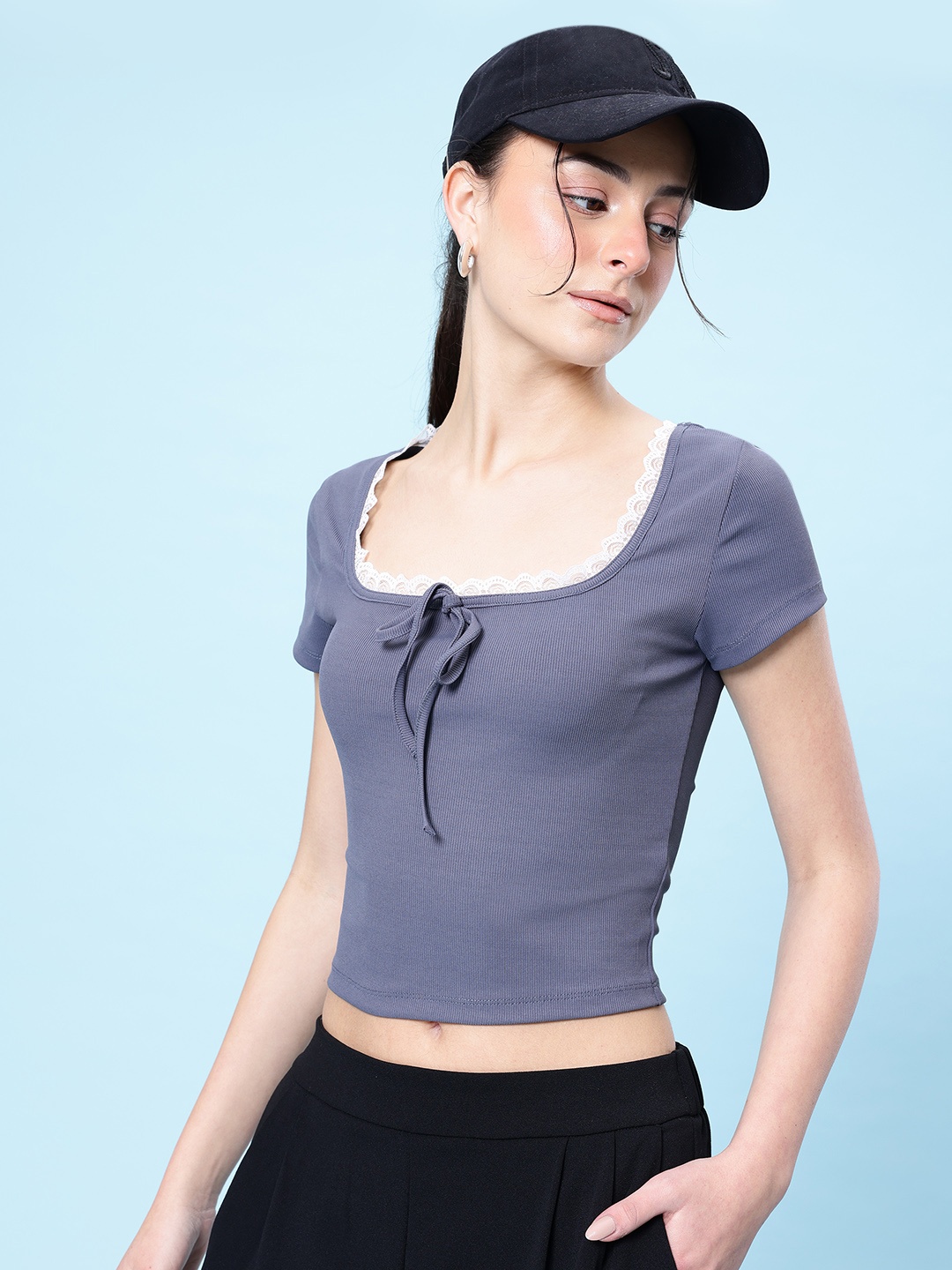 

glitchez Lace Haven Ribbed Fitted Top, Blue