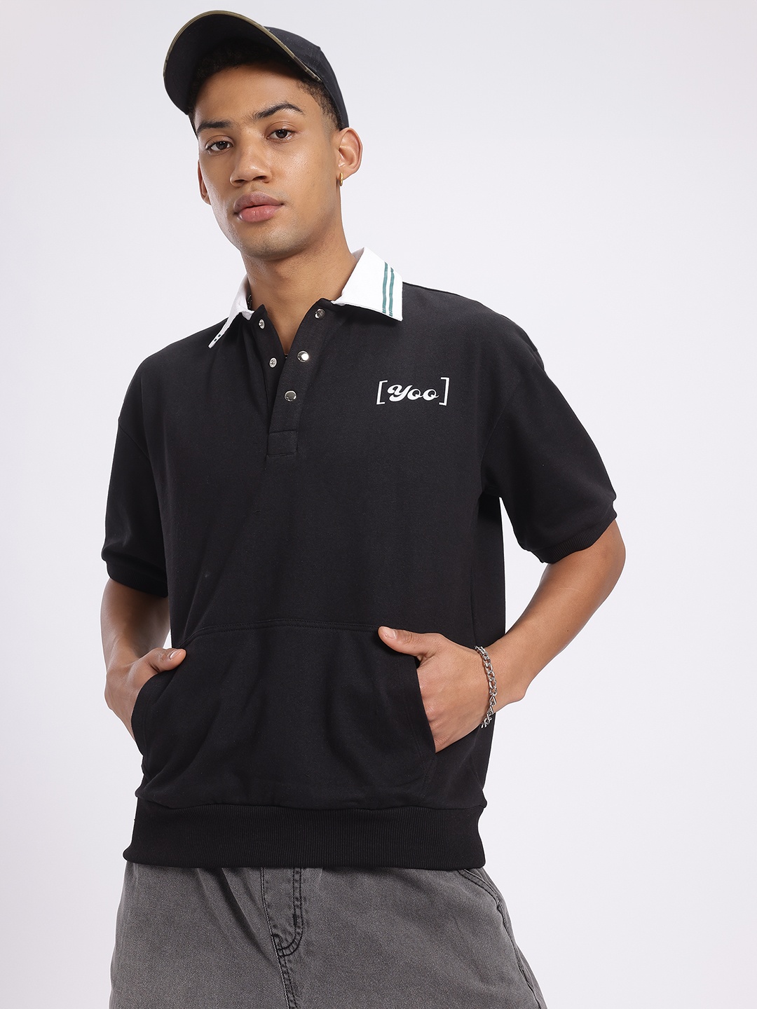 

glitchez Polo Play Contrast Touch Dropped Sleeve Oversized T-Shirt, Black