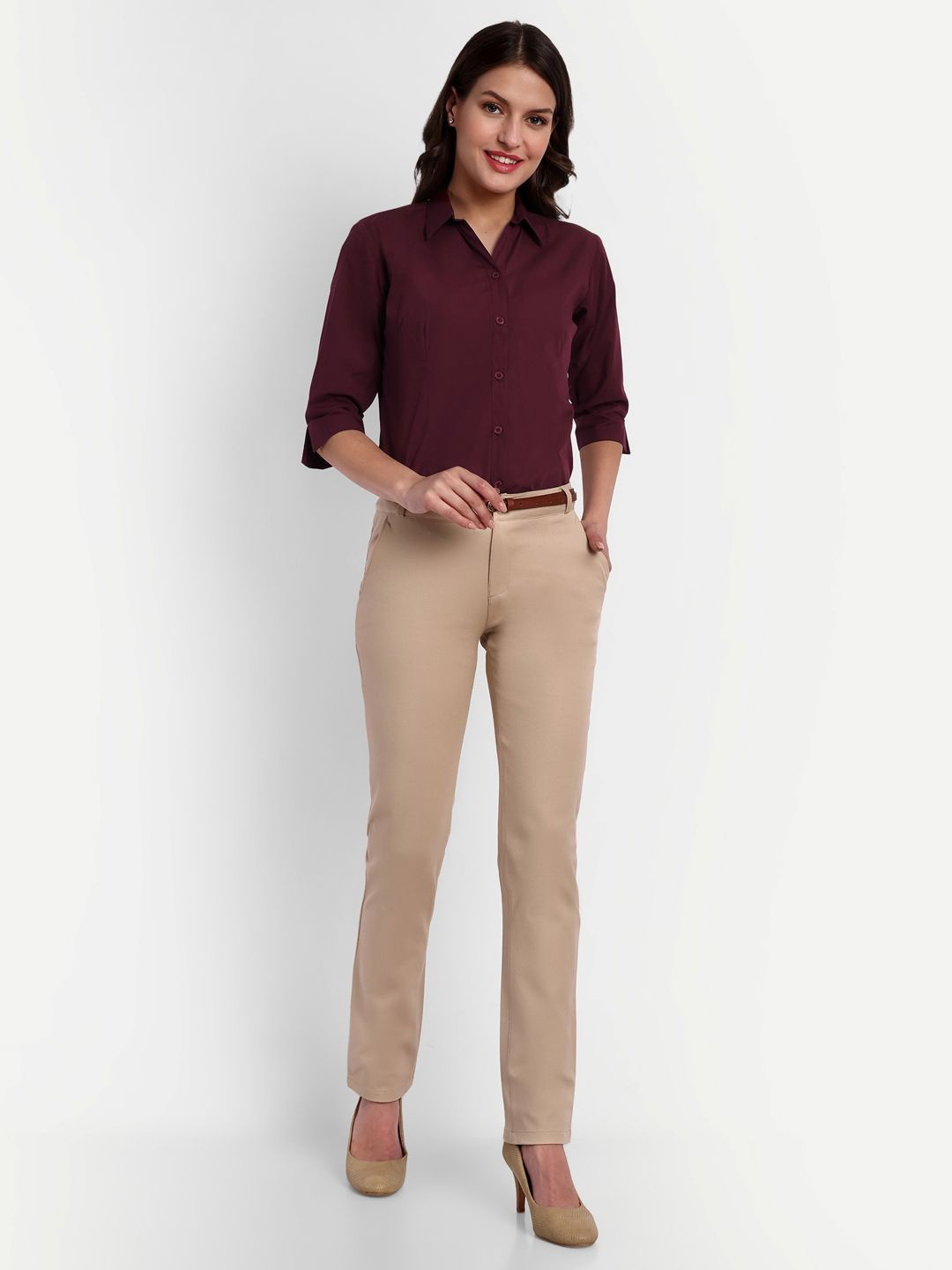 

Blue Ronin Women Slim Fit Spread Collar Solid Cotton Formal Shirt, Maroon