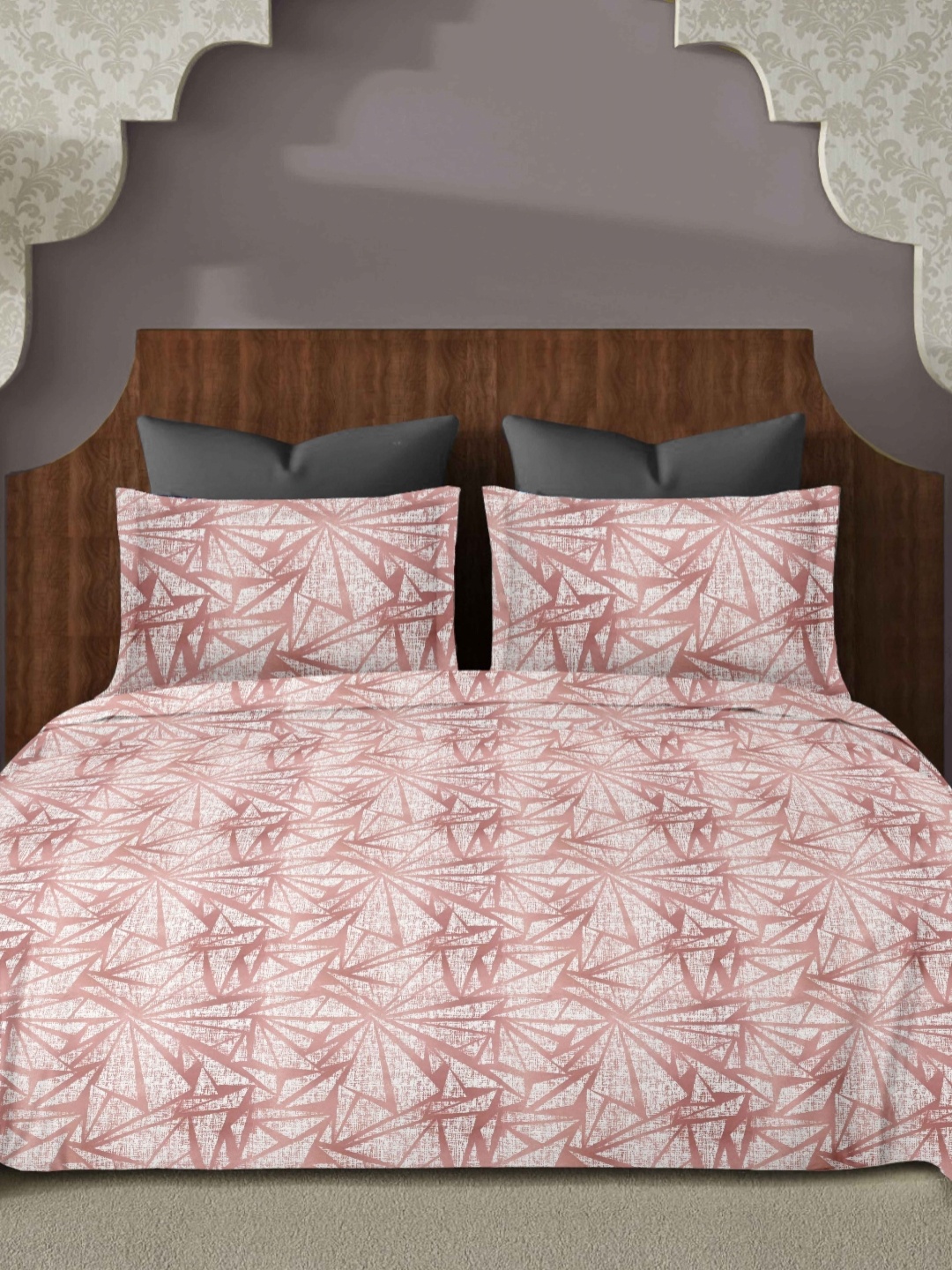 

Ariana Peach-Coloured & White Printed 144 TC Cotton King Bedsheet Set 2.70 m x 2.70 m