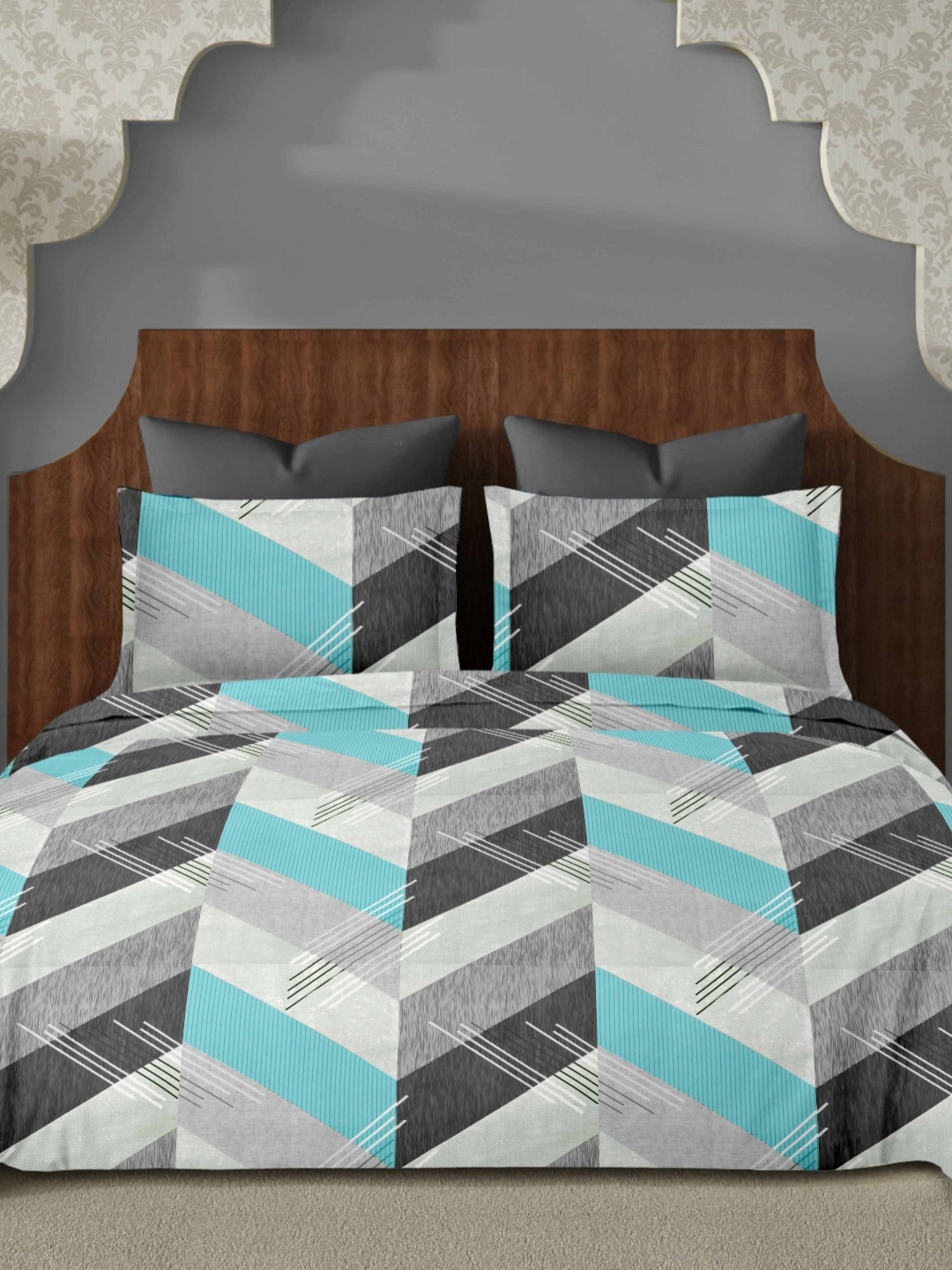 

Ariana Turquoise Blue Geometric Printed 144 TC Cotton King Bedsheet Set 2.70 m x 2.70 m