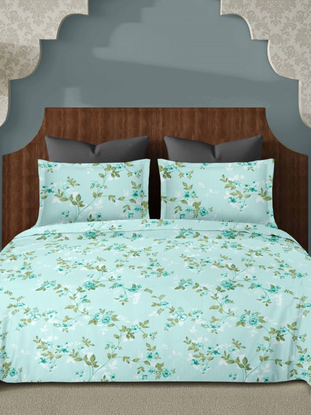 

Ariana Turquoise Blue & White Printed 144 TC Cotton King Bedsheet Set 2.70 m x 2.70 m