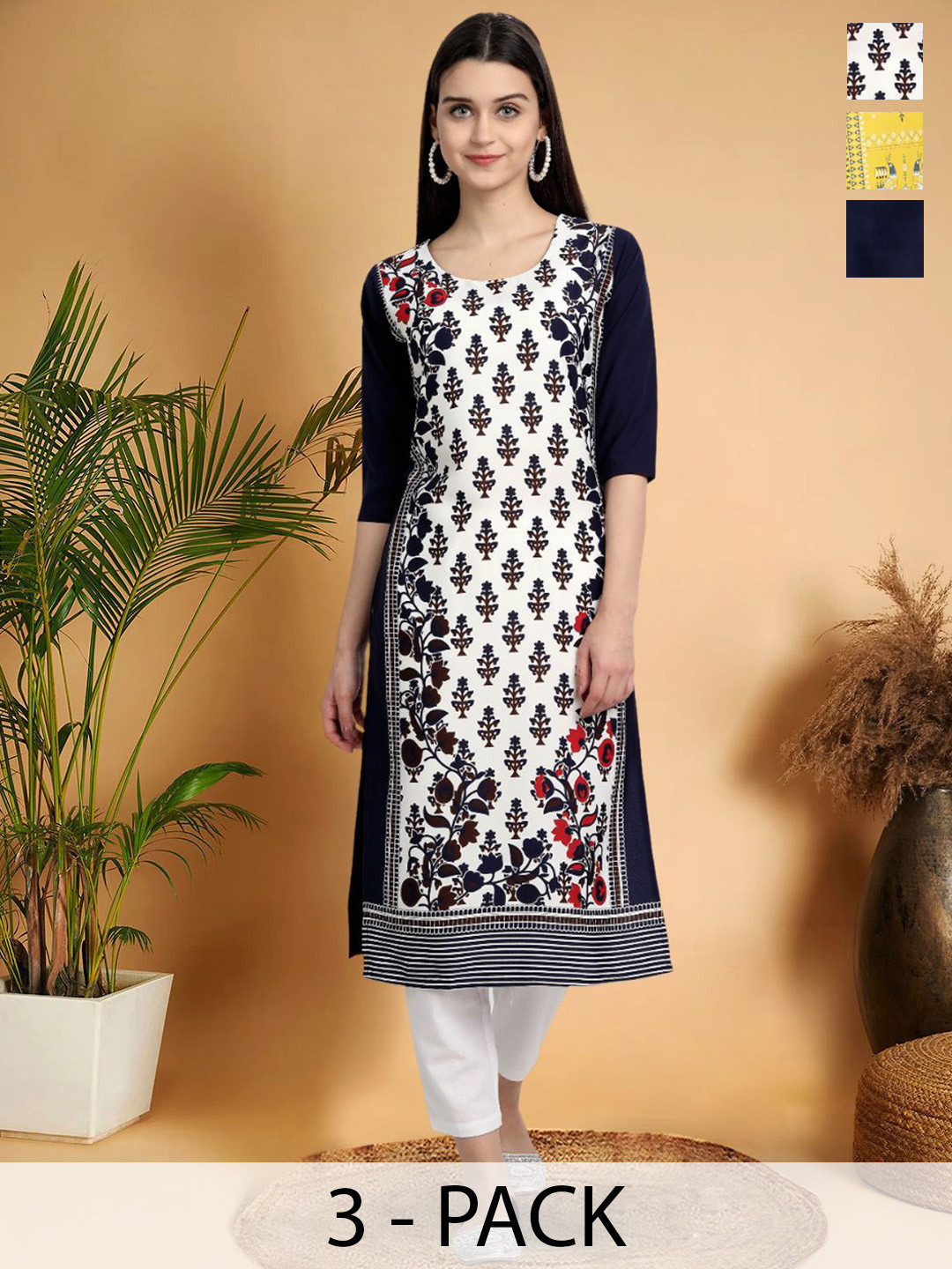 

7Threads Selection Of 3 Ethnic Motifs Printed Round Neck Kurtas, White