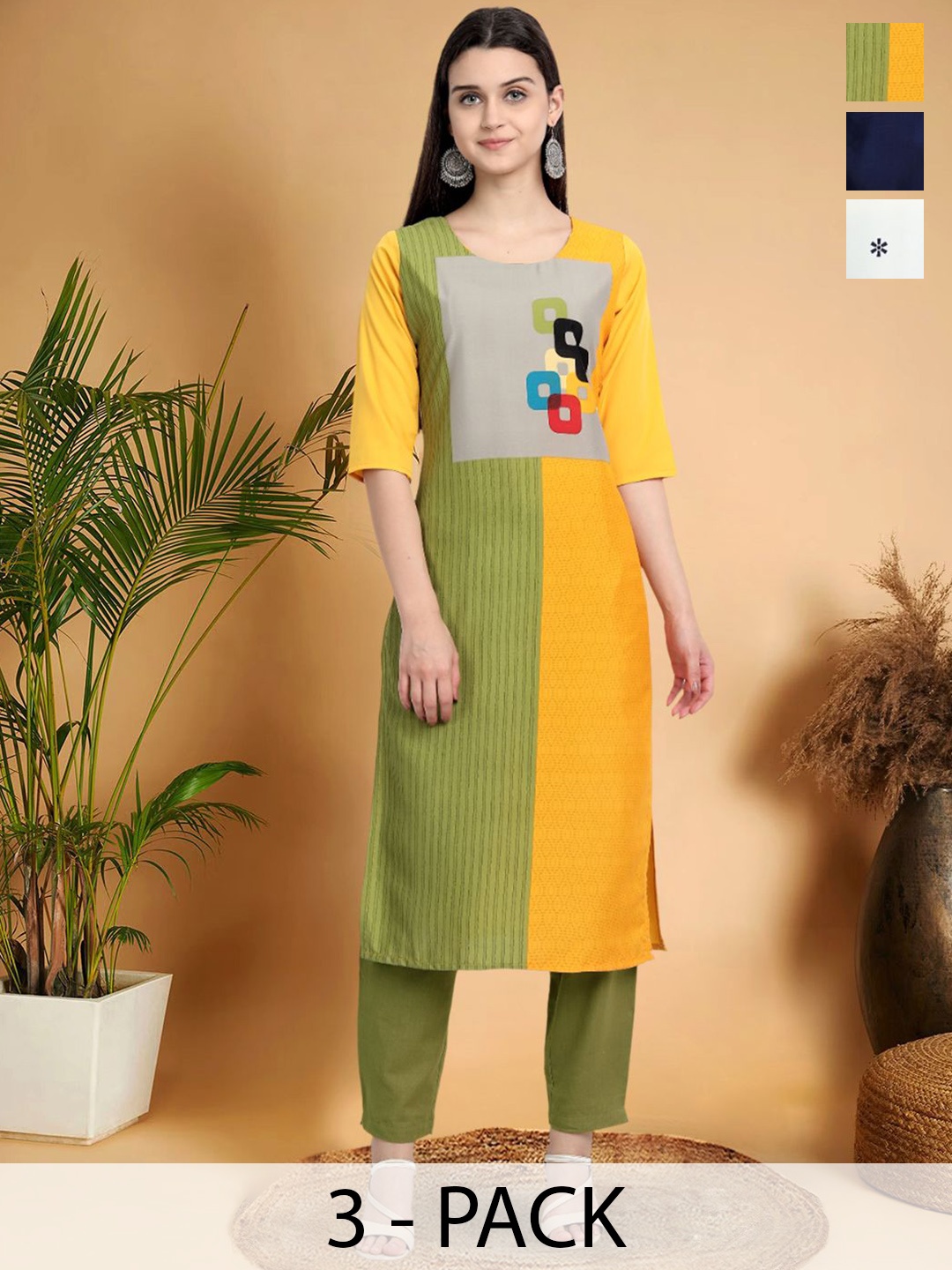 

7Threads Selection Of 3 Geometric Printed Round Neck Kurtas, Yellow