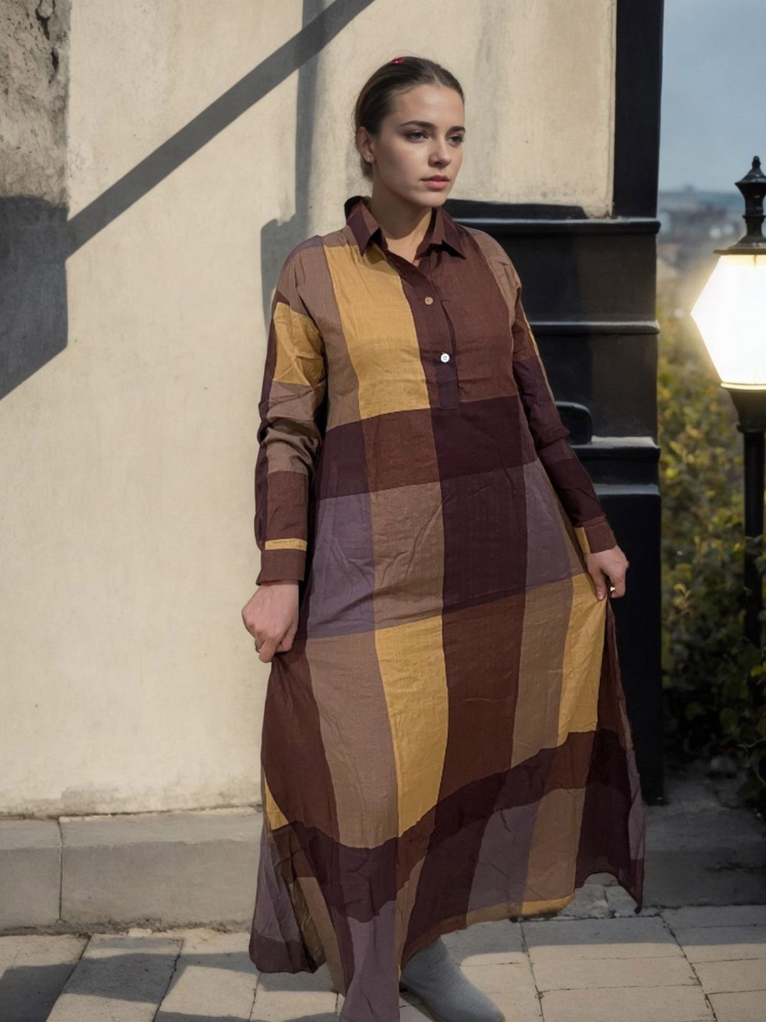 

Bucciato Private Limited Women Cotton Checked Shirt Dress, Brown
