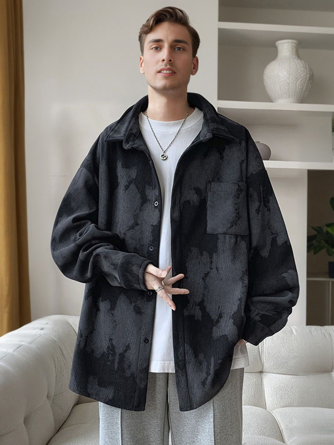 

StyleCast Men Oversized Fit Spread Collar Dyed Cotton Casual Shirt, Black
