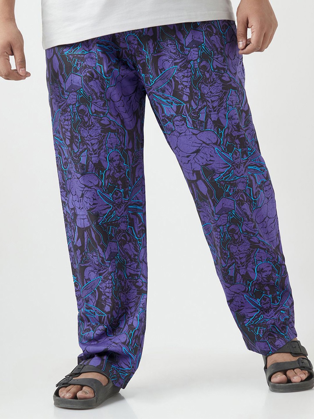 

Bewakoof Plus Official Marvel Merchandise Men Avengers All Over Printed Lounge Pants, Blue