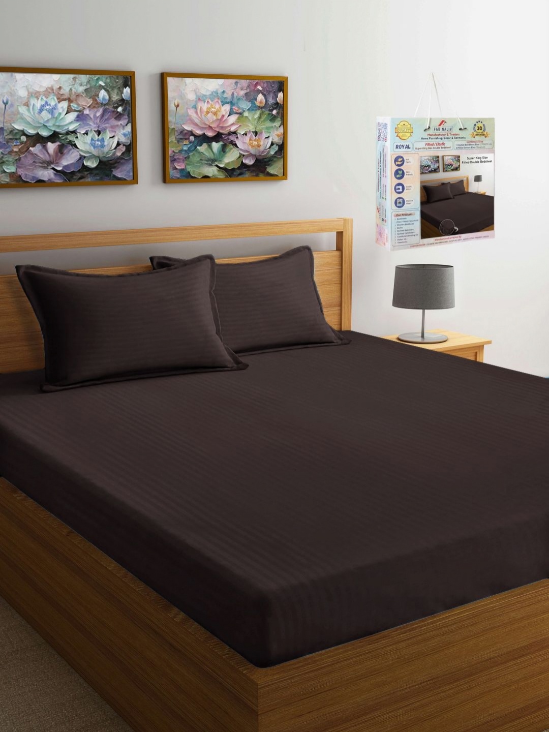 

FABINALIV Coffee Brown Striped 300 TC Fitted King Bedsheet Set 2.7 m x 2.7 m