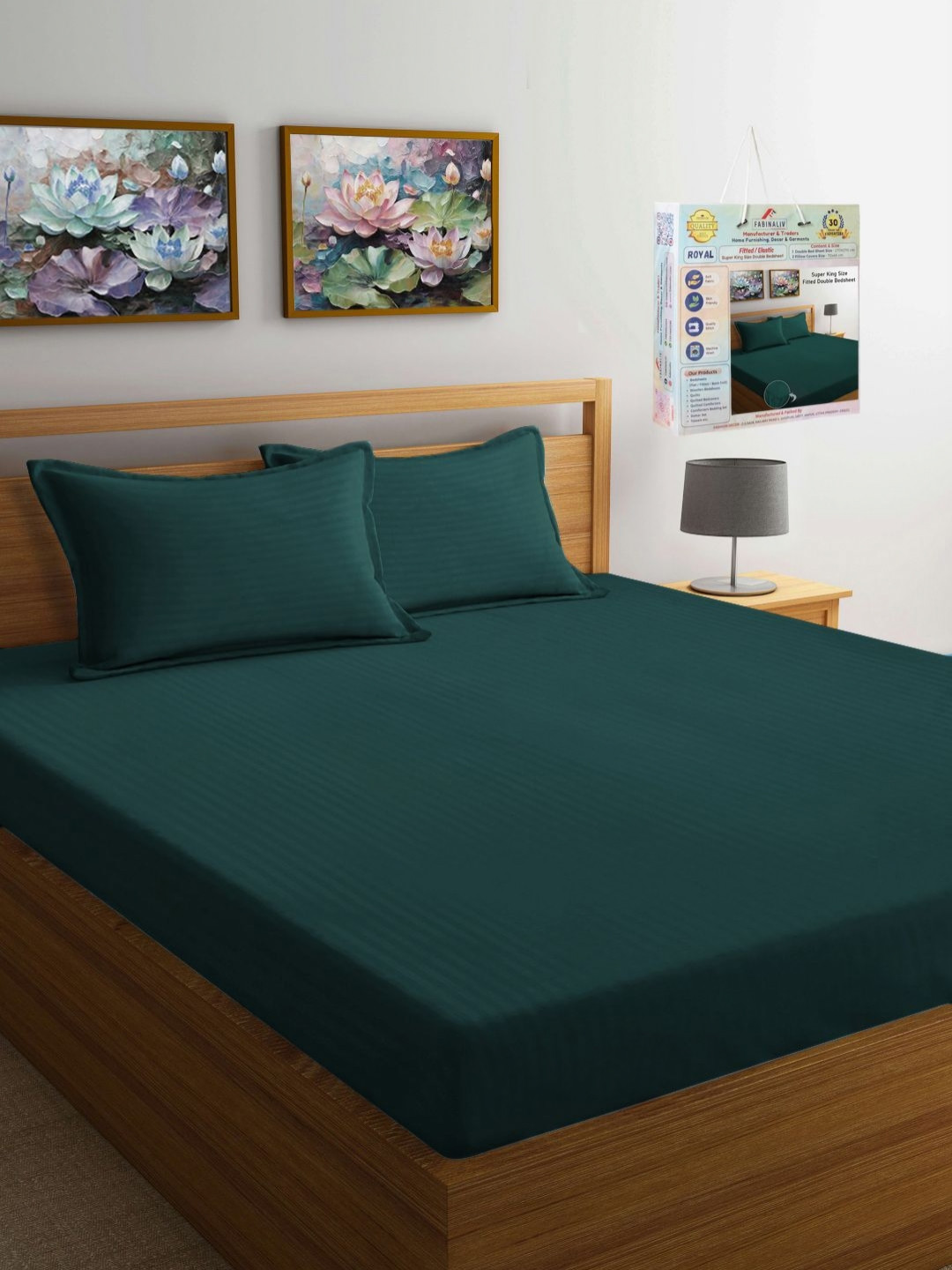 

FABINALIV Green Striped 300 TC Fitted King Bedsheet Set 2.7 m x 2.7 m