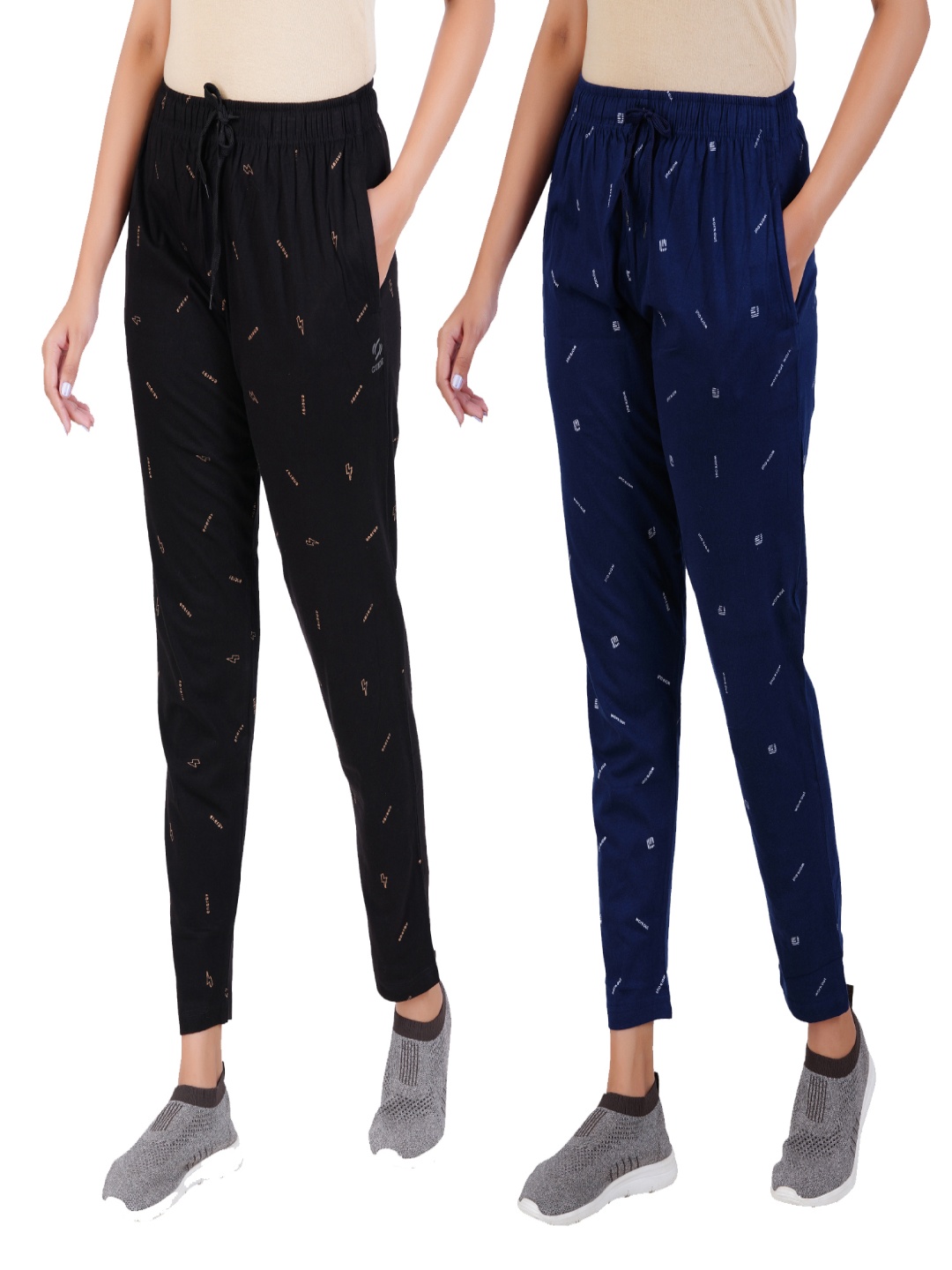 

GUIDE Women Pack Of 2 Printed Cotton Track Pants, Black