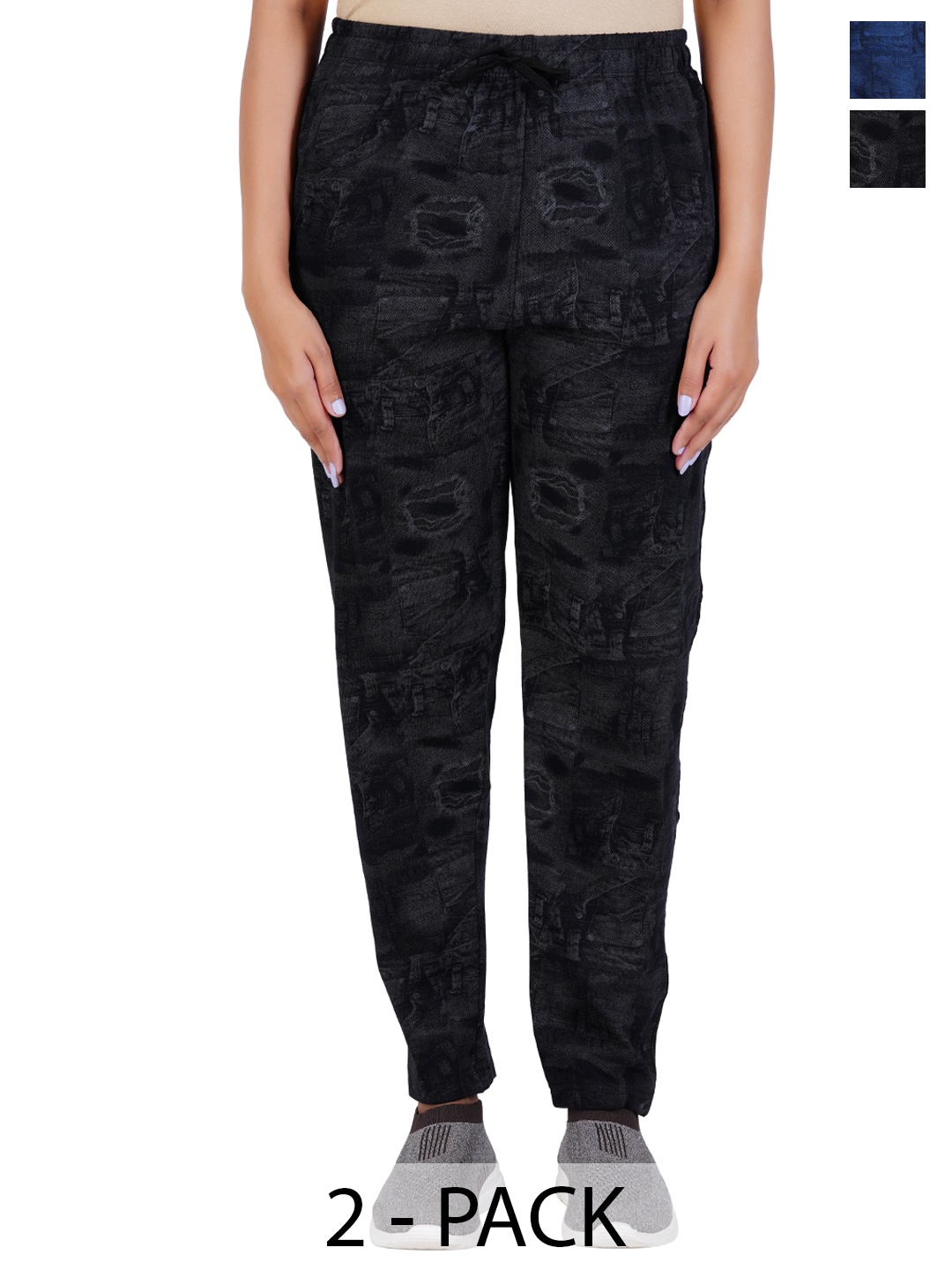 

GUIDE Women Pack Of 2 Printed Mid Rise Cotton Track Pants, Black