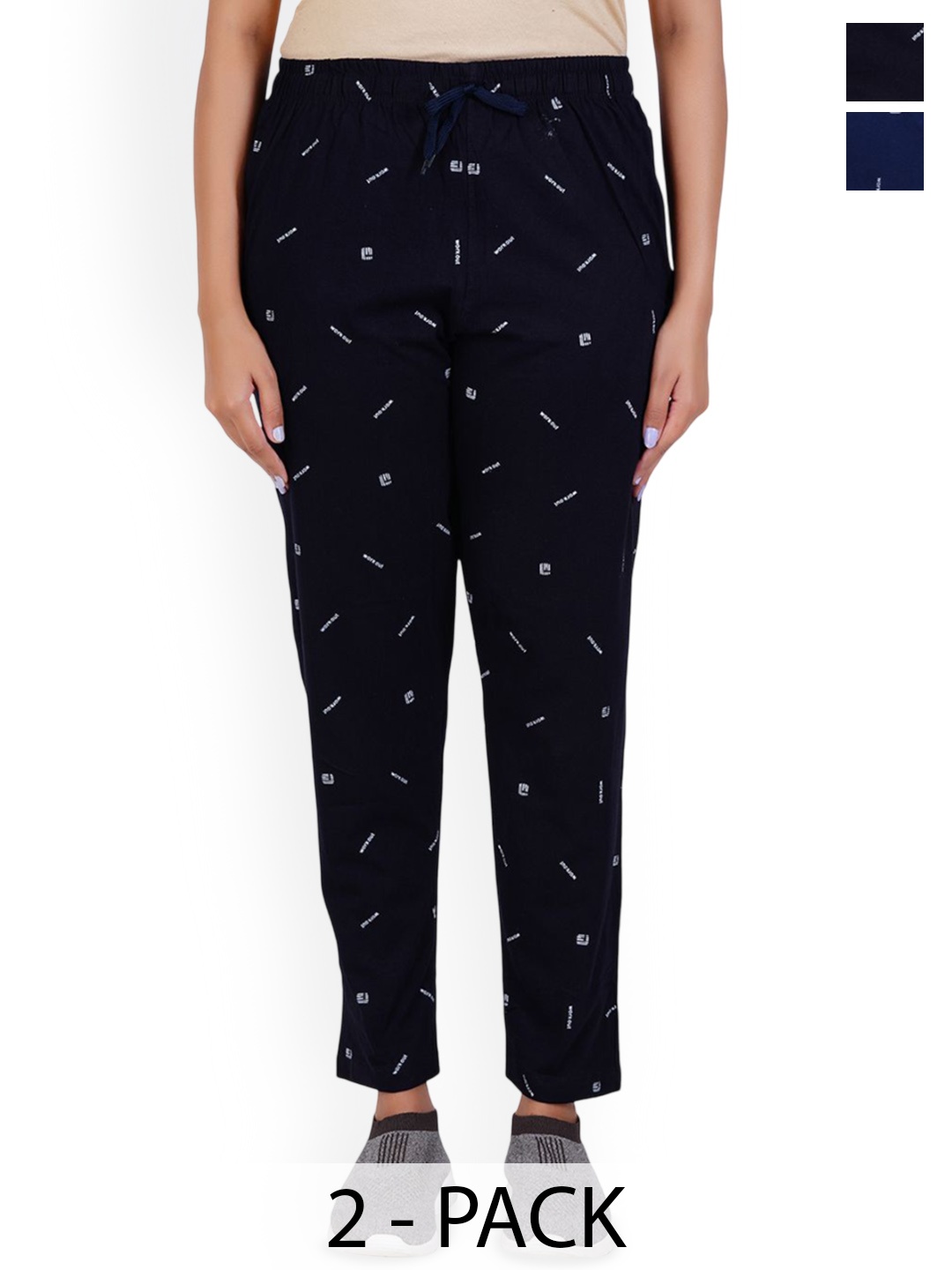 

GUIDE Women Pack Of 2 Printed Cotton Mid-Rise Track Pants, Navy blue