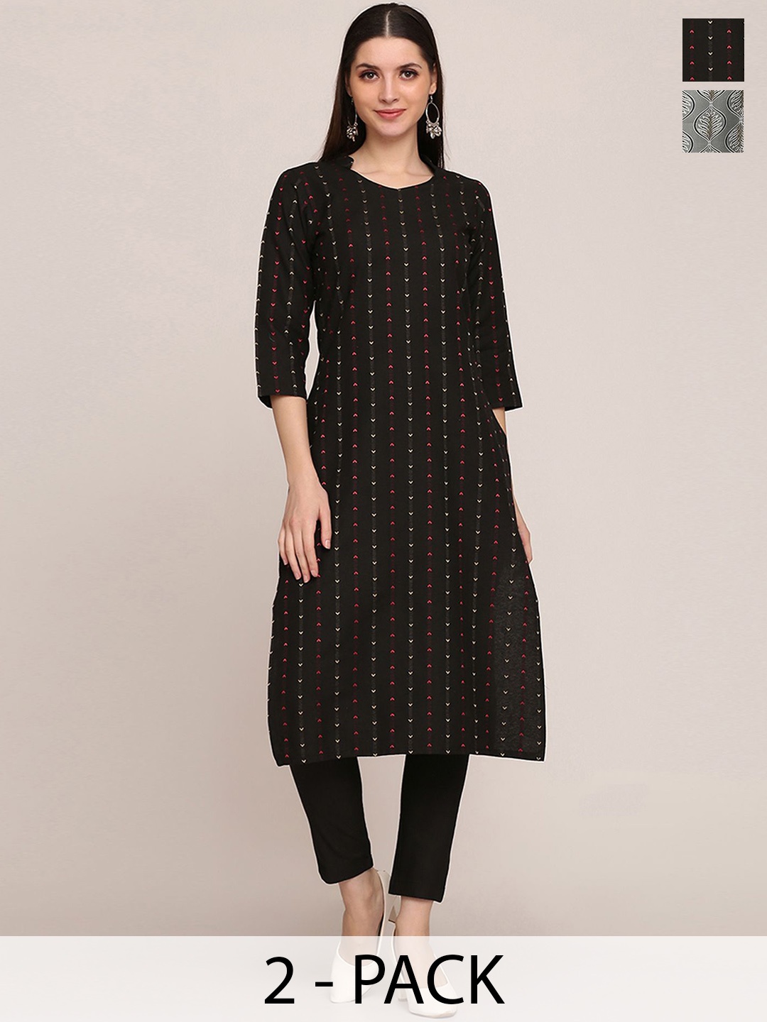 

KALINI Selection Of 2 Striped Straight Kurtas With Trousers, Black
