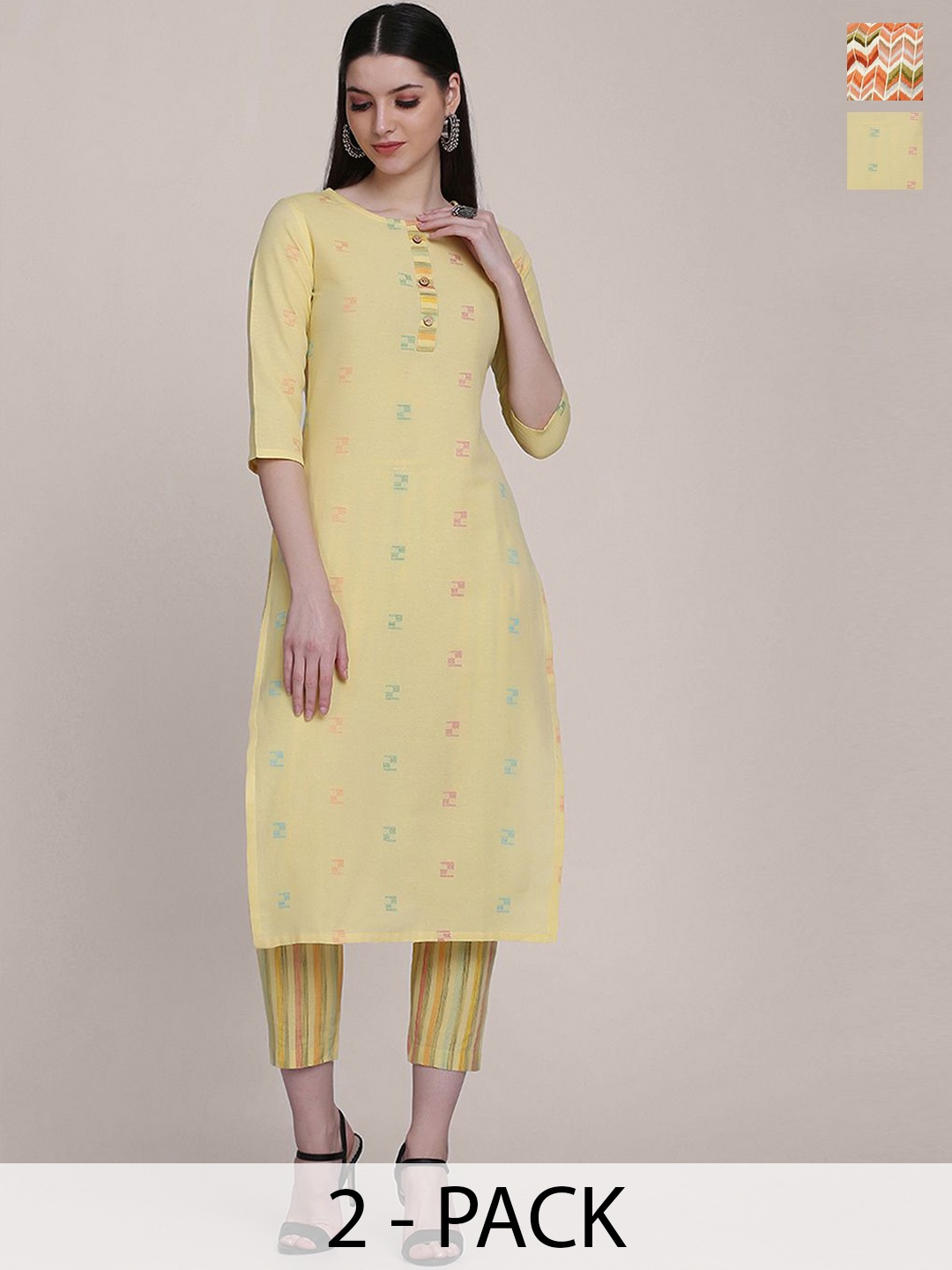 

KALINI Selection of 2 Self Design Straight Round Neck Kurtas With Trousers, Yellow