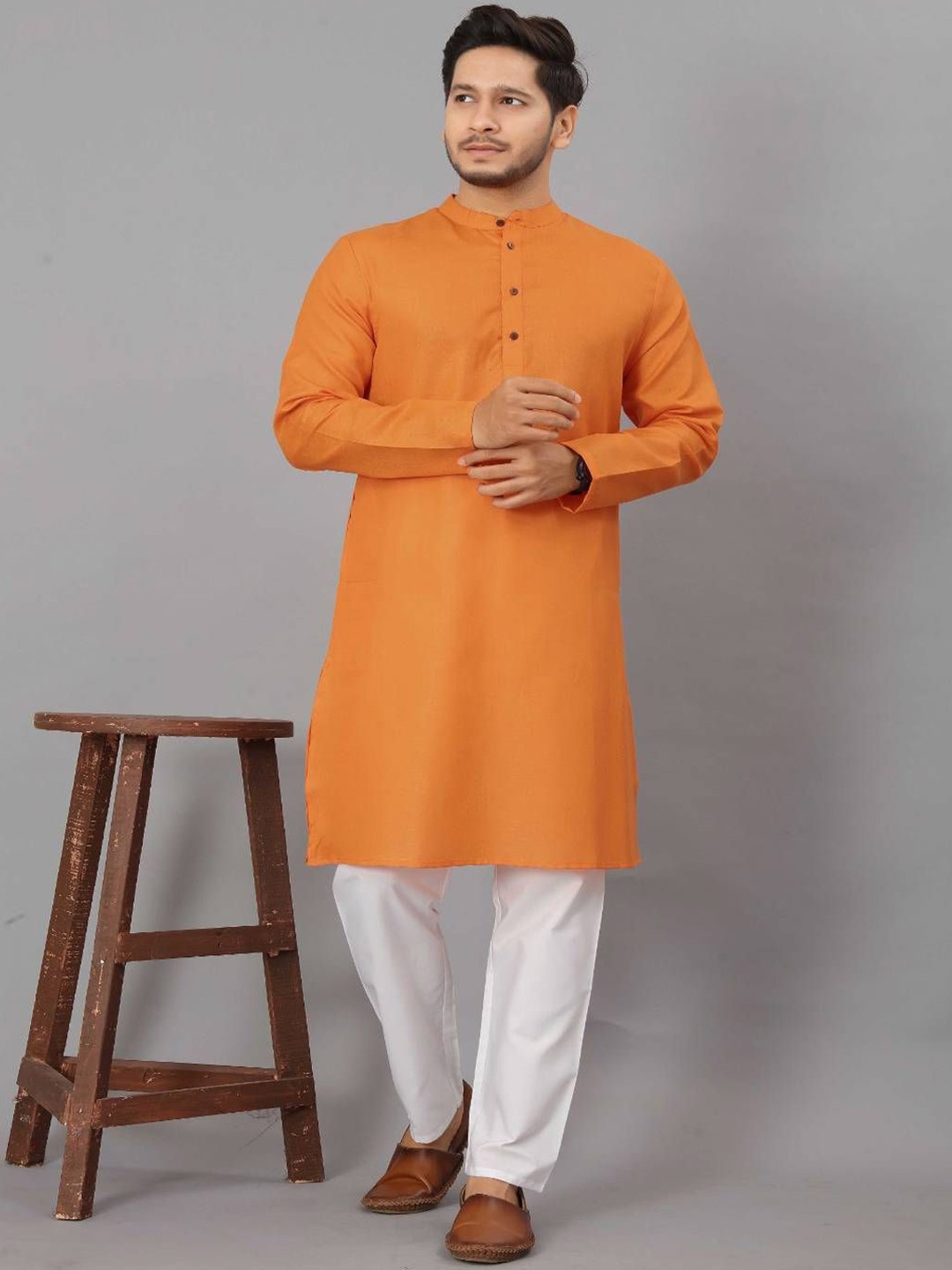 

Odd By Poshaak Band Collar Pure Cotton Straight Kurta, Orange