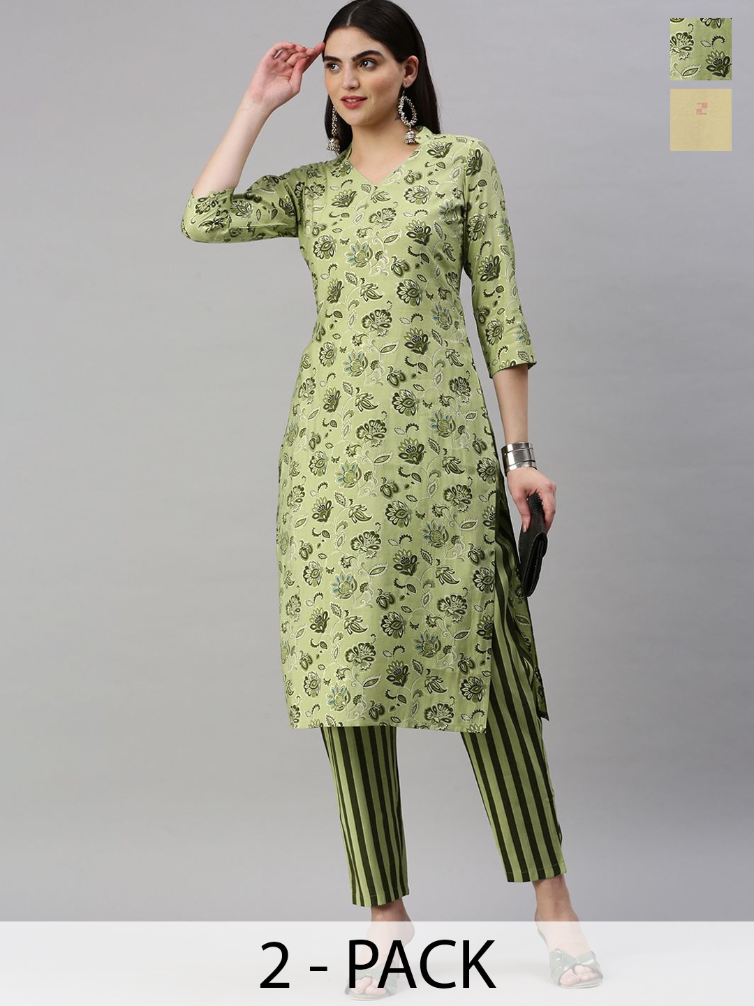 

KALINI Selection of 2 Floral Printed V-Neck Straight Kurtas With Trousers, Green