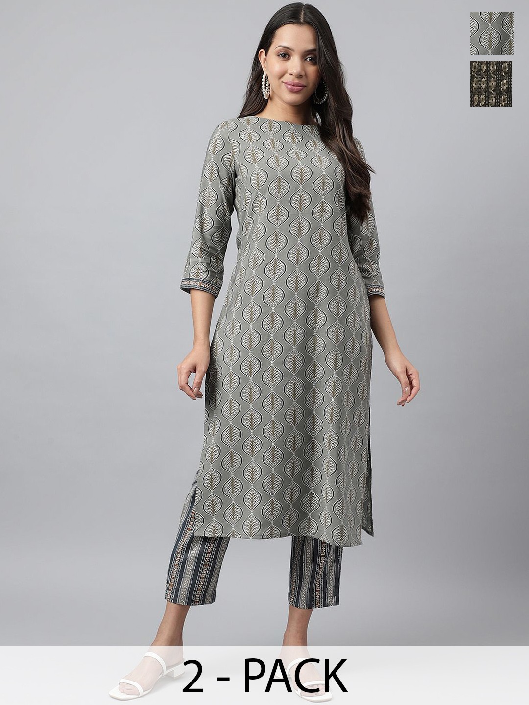 

KALINI Selection of 2 Ethnic Motifs Printed Round Neck Straight Kurtas With Trousers, Black