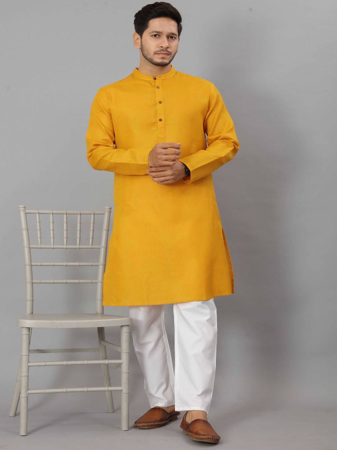 

Odd By Poshaak Mandarin Collar Pure Cotton Straight Kurta, Mustard