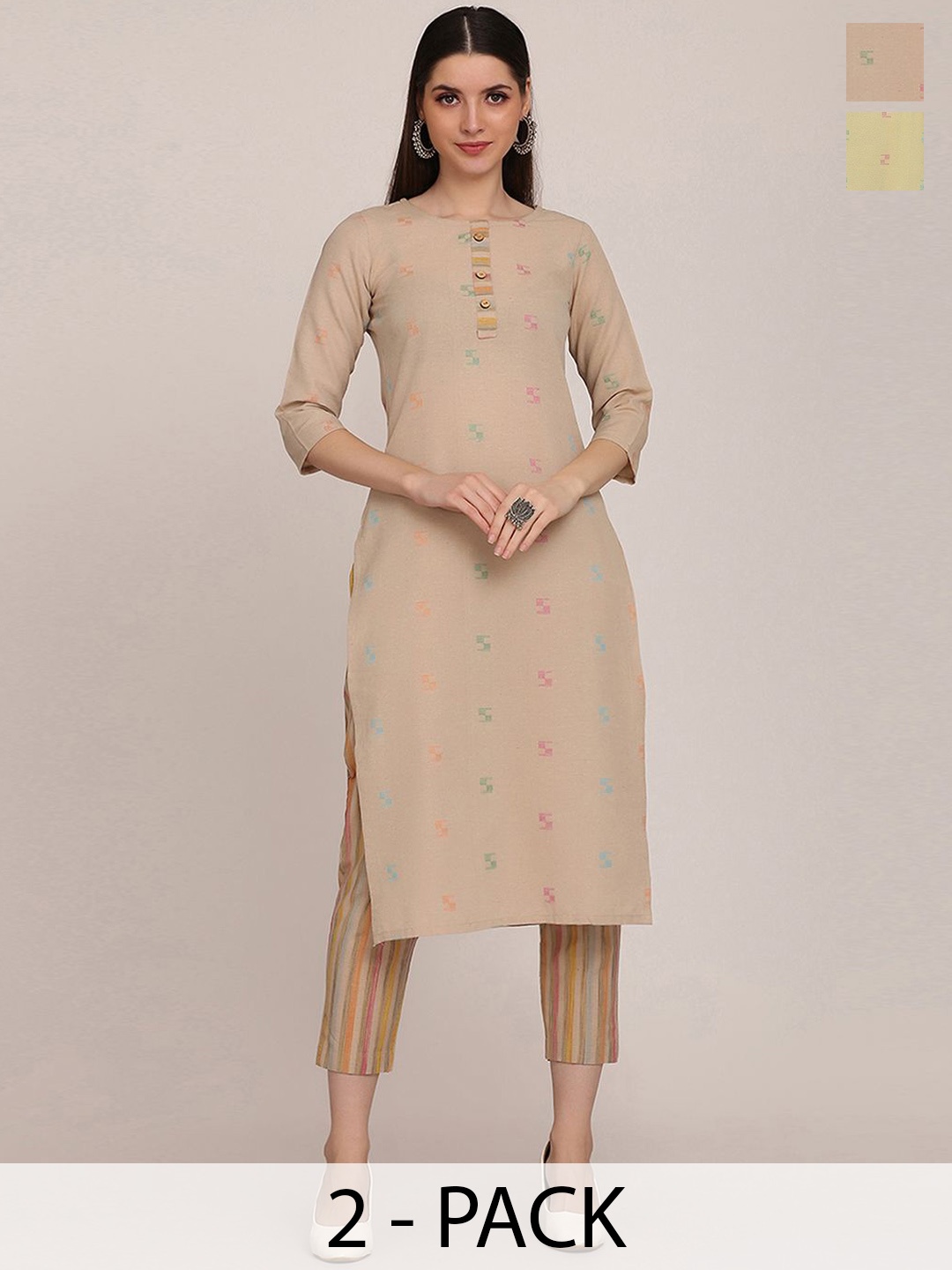 

KALINI Selection of 2 Striped Round Neck Straight Kurtas With Trousers, Beige