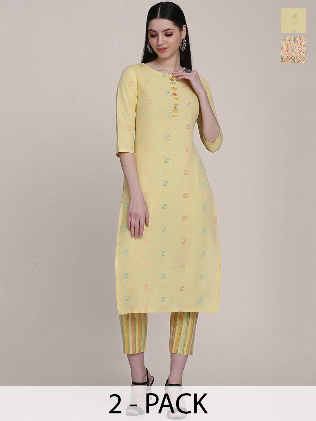 

KALINI Selection of 2 Woven Design Printed Round Neck Straight Kurtas With Trousers, Brown