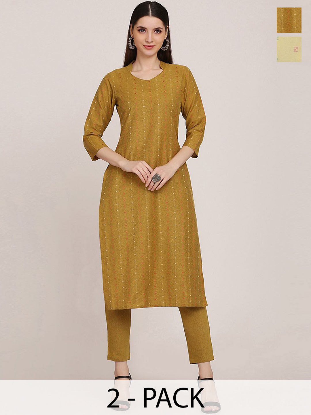 

KALINI Selection of 2 V-Neck Straight Kurtas With Trousers, Yellow