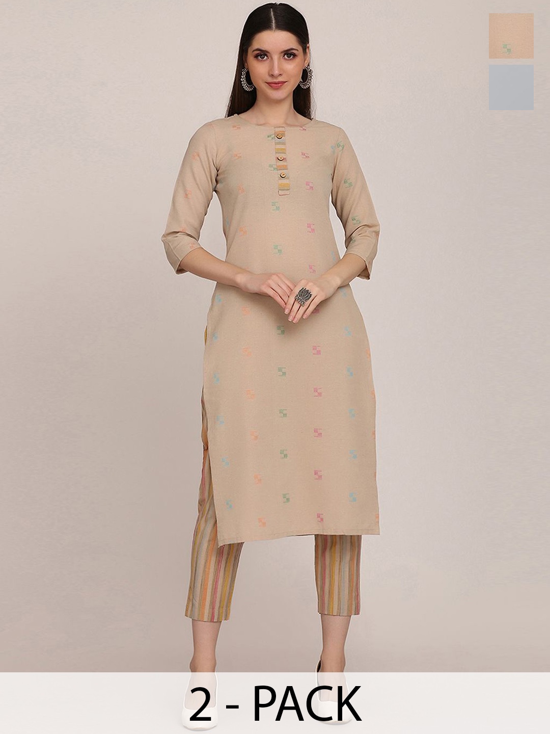 

KALINI Selection Of 2 Geometric Woven Design Round Neck Straight Kurtas With Trousers, Beige