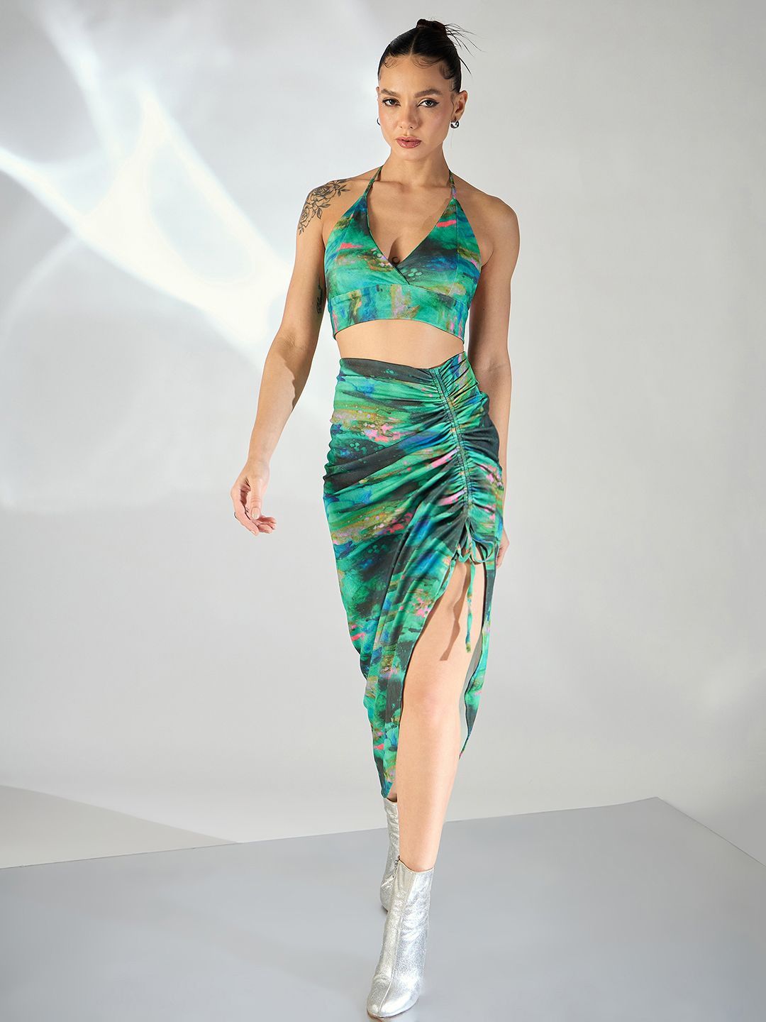 

Uptownie Abstract Printed Stretchable Halter Neck Top And Skirt Set Green Co-Ords