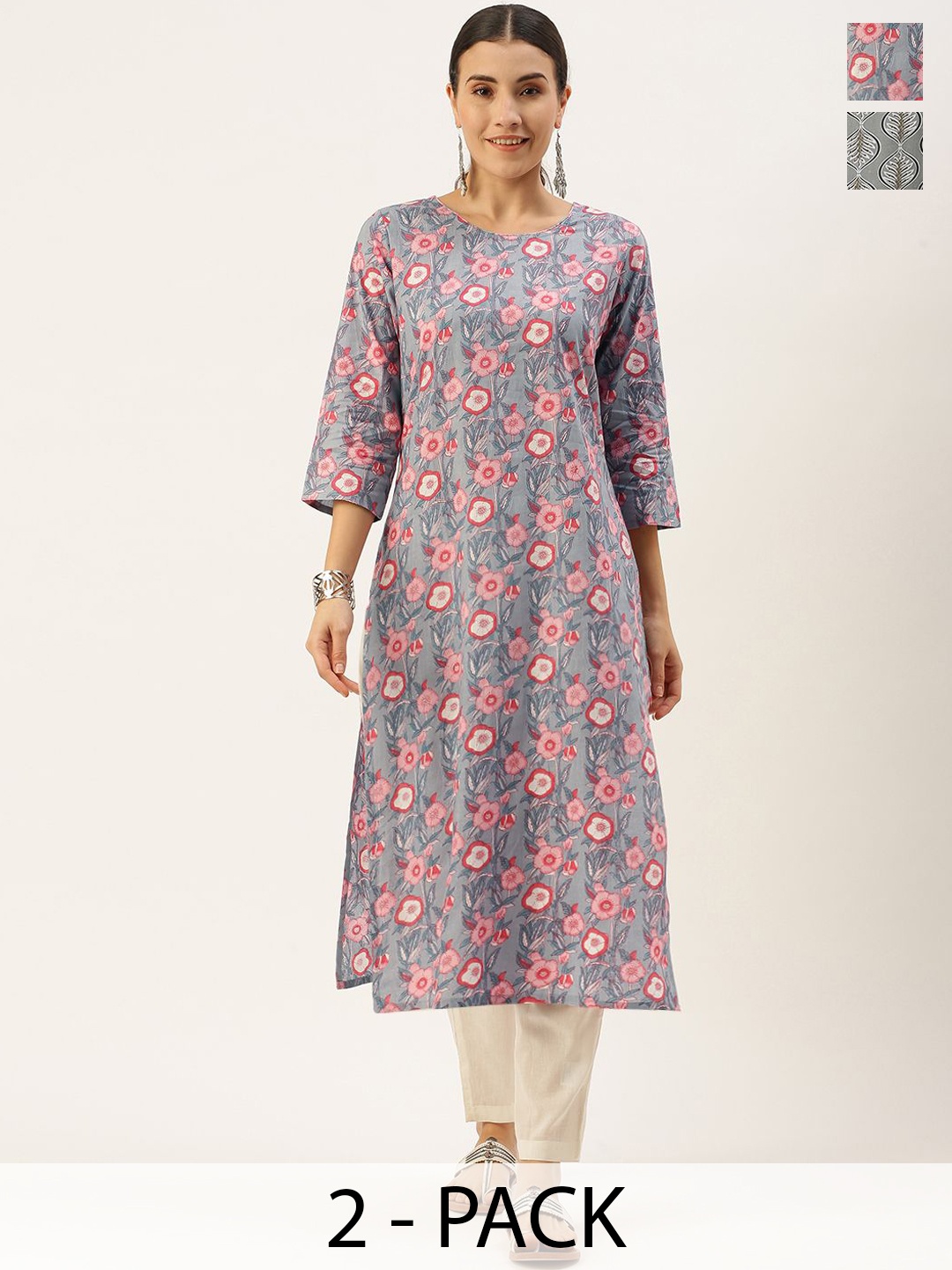 

KALINI Selection Of 2 Floral Printed round Neck Straight Kurtas With Trousers, Grey