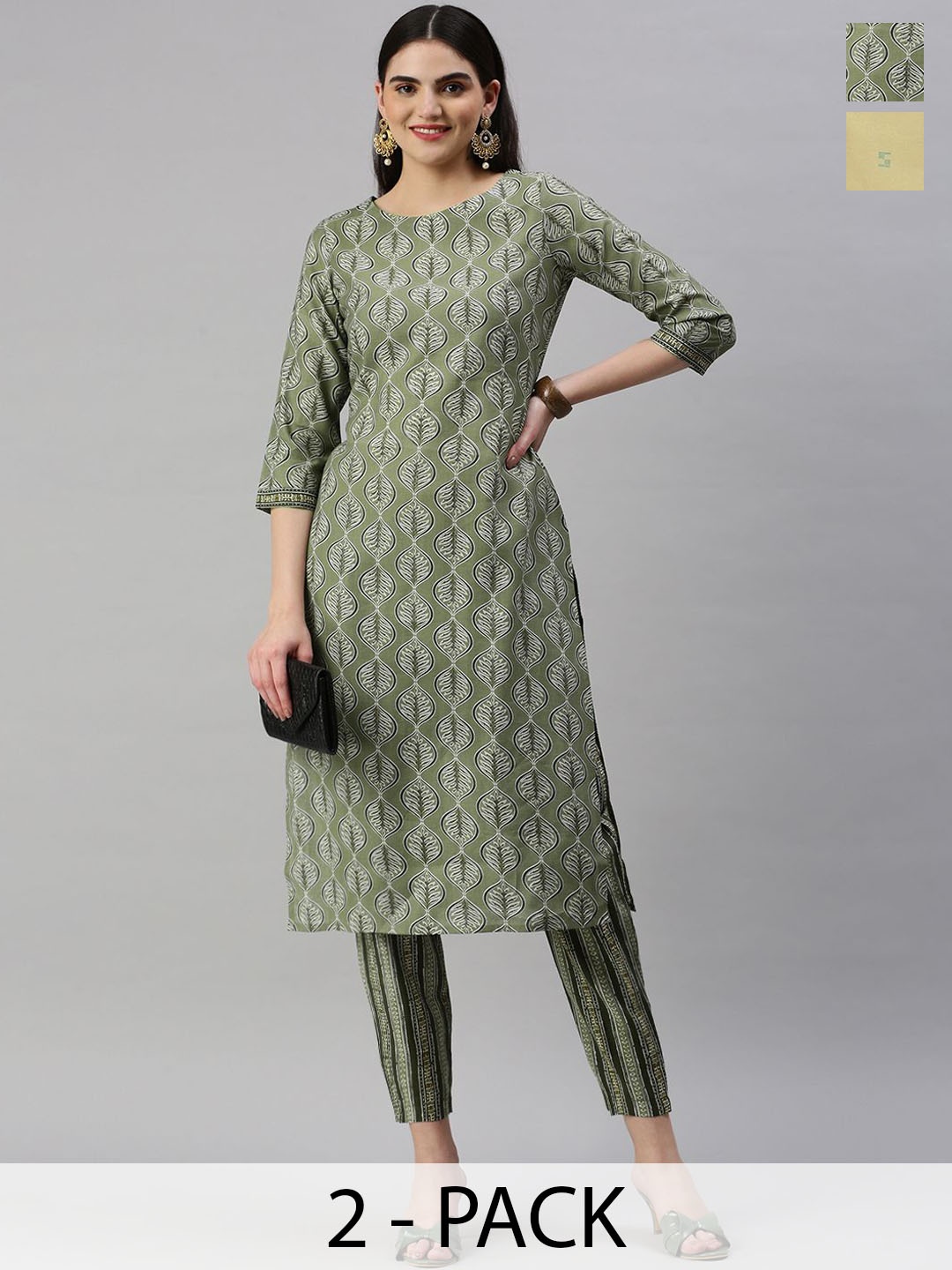 

KALINI Selection Of 2 Ethnic Motif Printed Round Neck Straight Kurta With Trousers, Olive