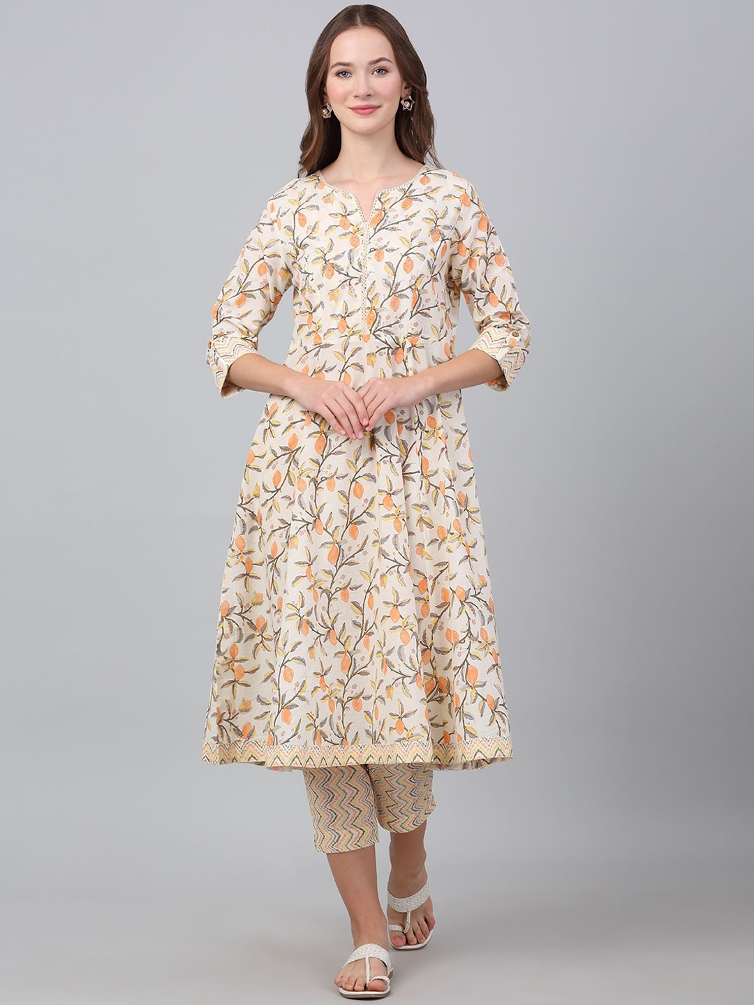 

Cantabil Floral Printed Notch Neck A-Line Kurta With Trousers, Off white