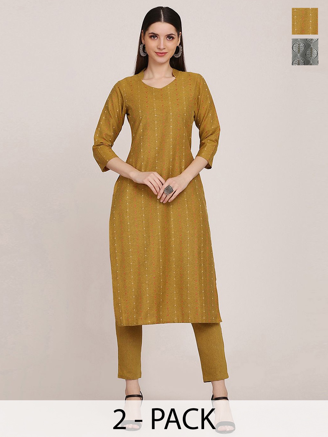 

KALINI Selection Of 2 Woven Design Mandarin Collar Straight Kurtas With Trousers, Mustard