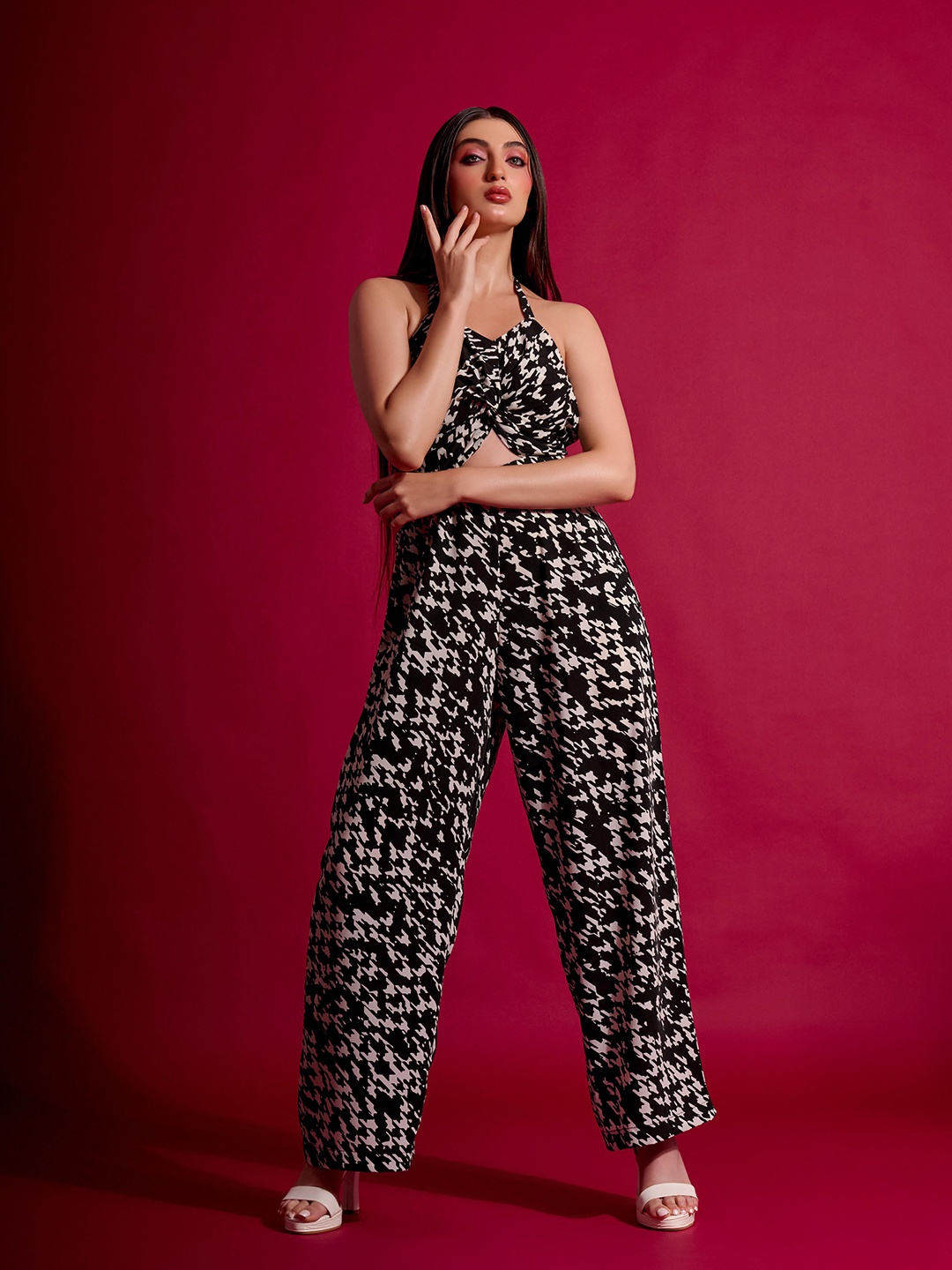 

GARDEN PARTY Women Halter Neck Printed Basic Jumpsuit, Black
