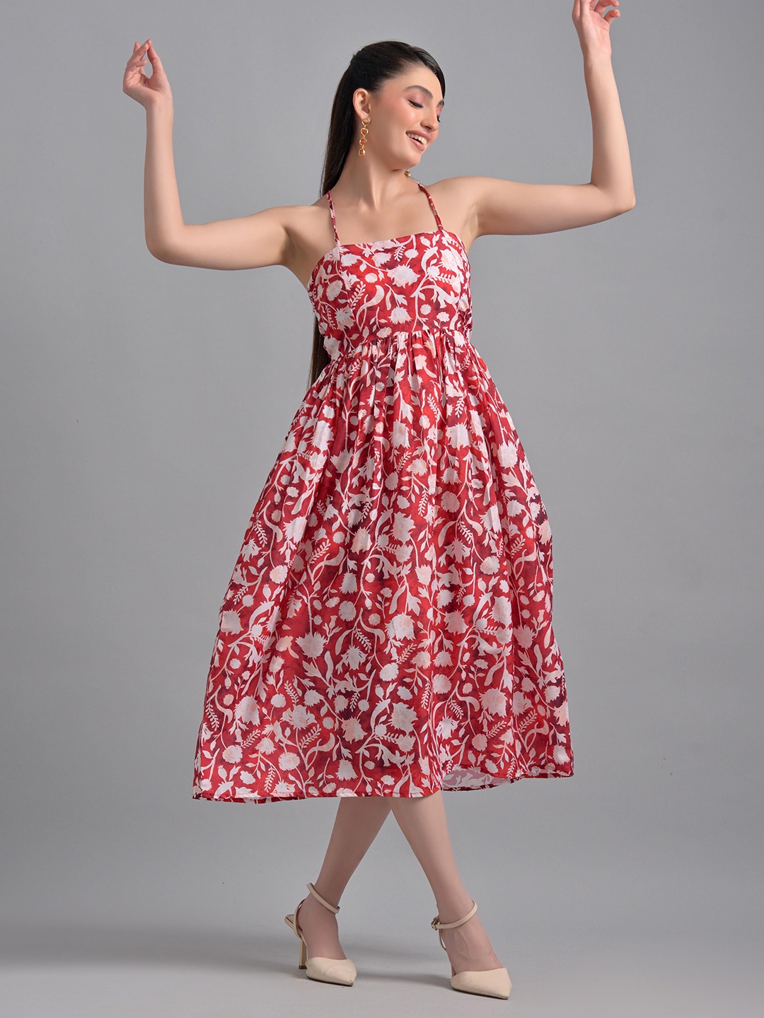 

GARDEN PARTY Women Floral Printed Halter Neck Fit and Flare Dress, Red