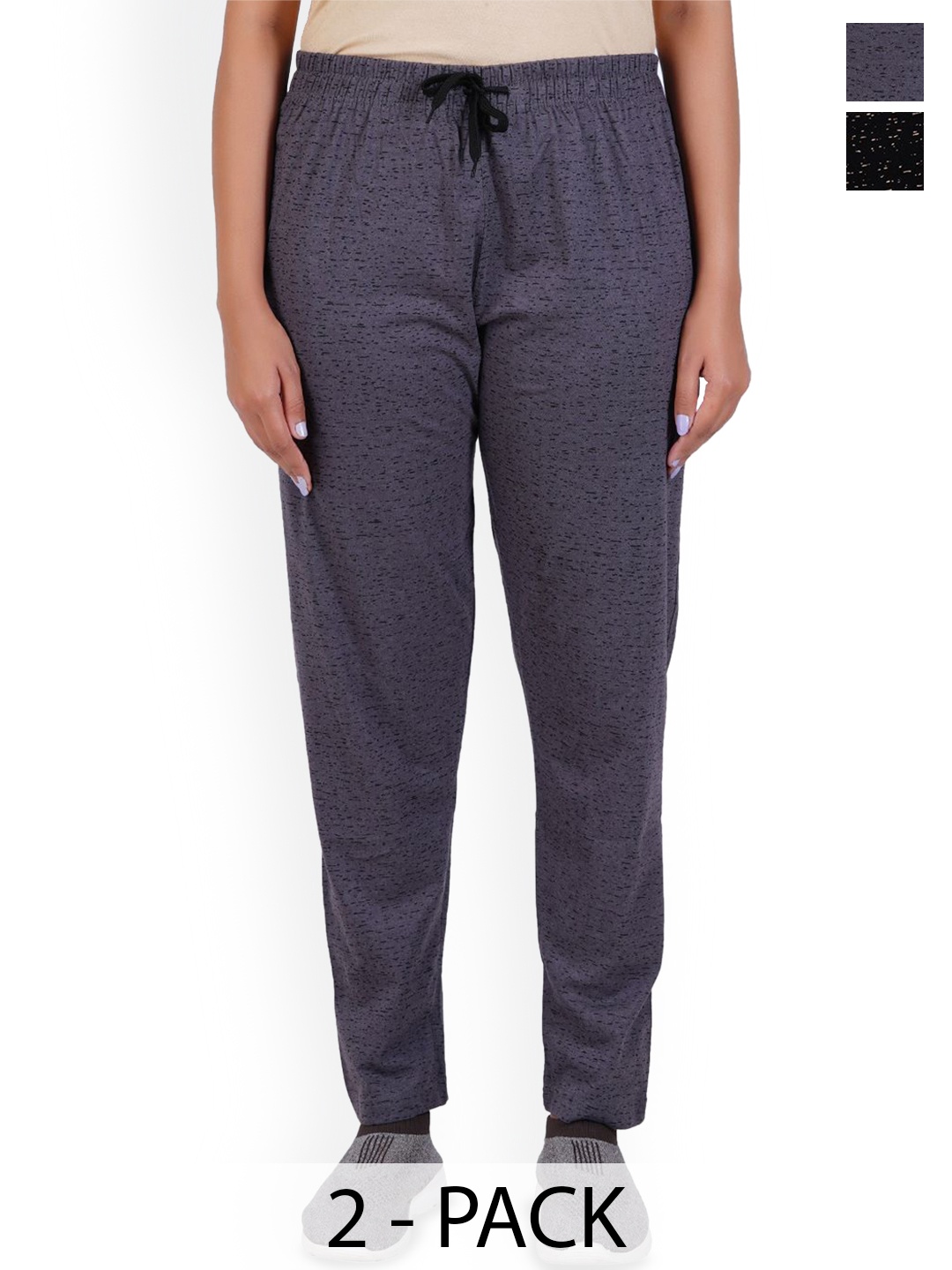 

GUIDE Women Pack Of 2 Printed Cotton Track Pants, Grey